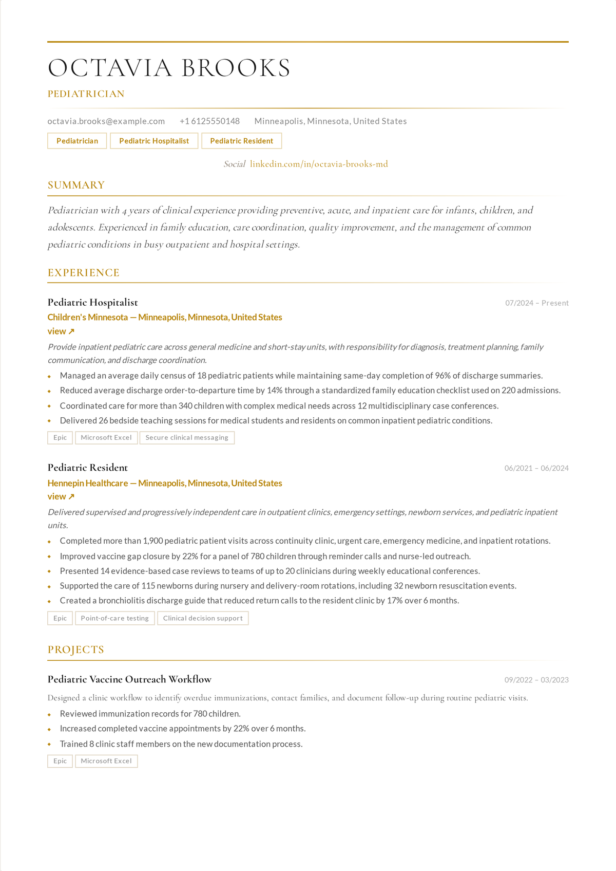 Pediatrician resume example: a pediatric physician's resume led by ABP board certification, well-child and immunization metrics, and developmental screening.
