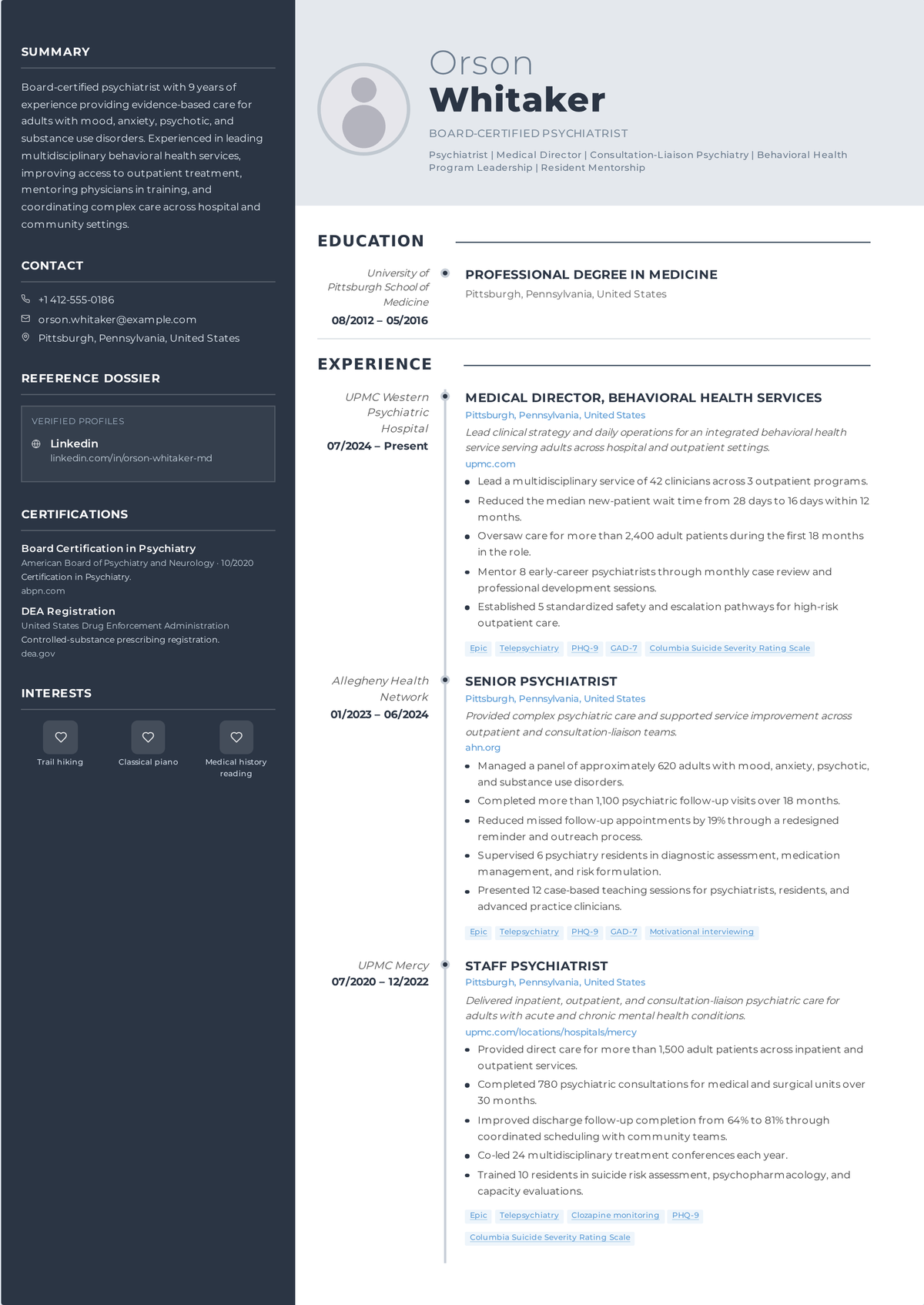 Psychiatrist resume example: a senior psychiatrist's resume showing ABPN board certification, subspecialty training, treatment settings, and a medical-director role.