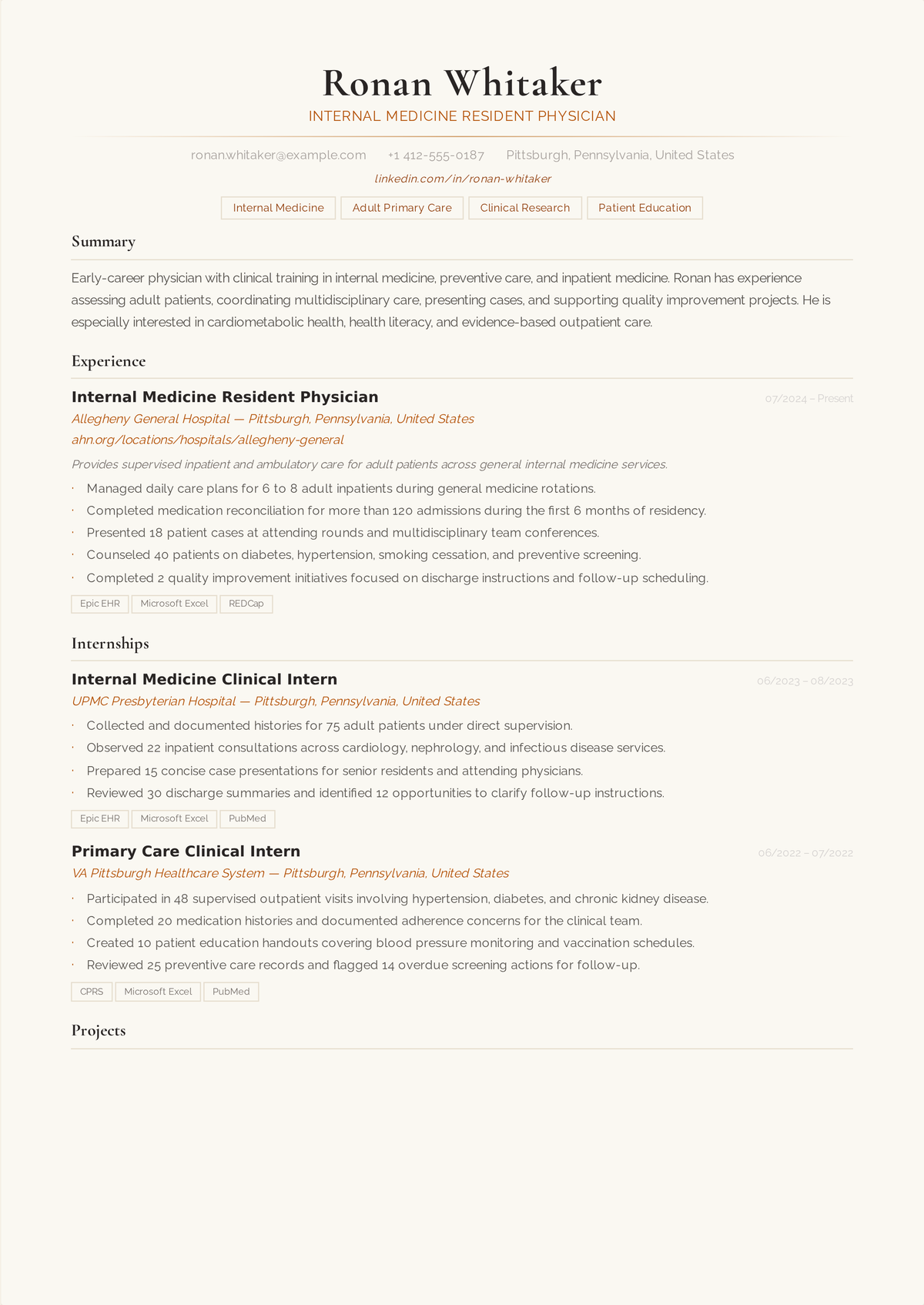 Medical resident resume example: an internal-medicine intern's resume led by the MD degree, residency program, USMLE Steps, training license, and logged rotations.