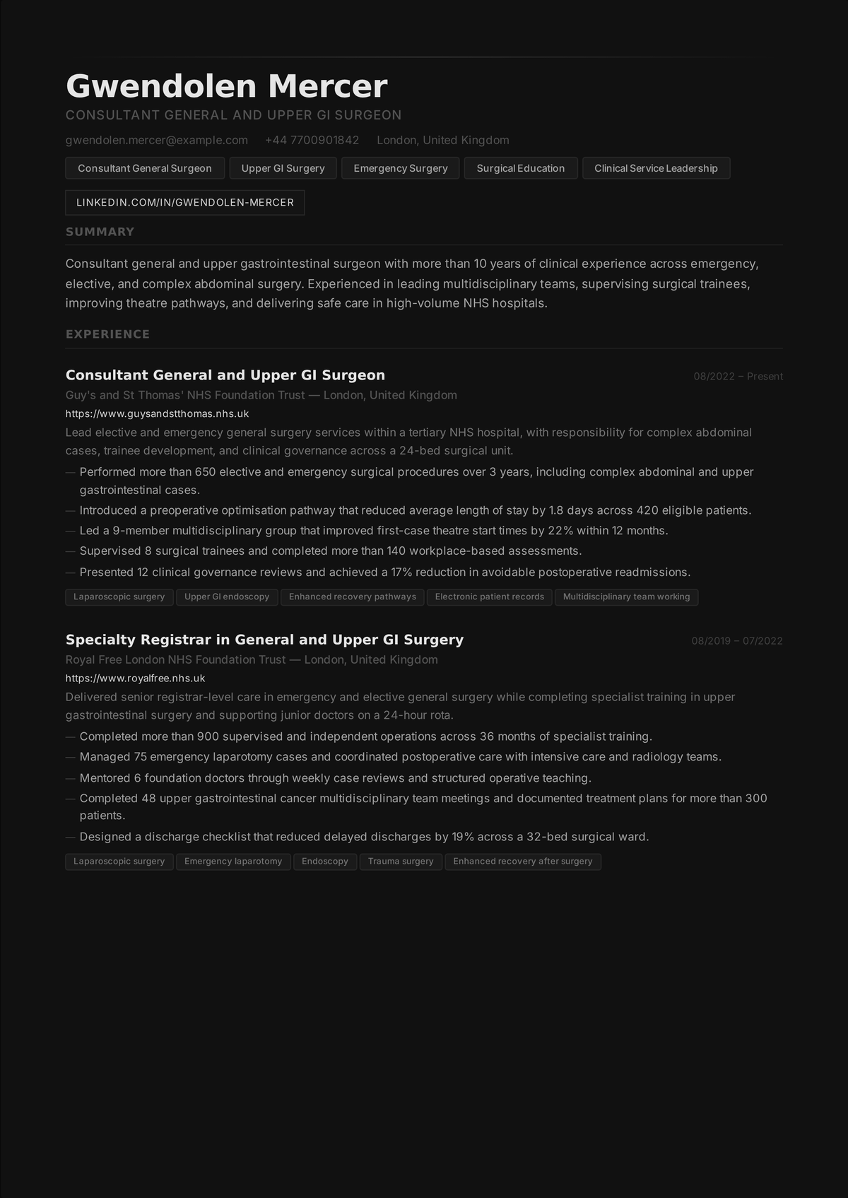 Attending surgeon resume example: a senior surgeon's CV led by American Board of Surgery certification, operative volume, outcome rates, and division leadership.