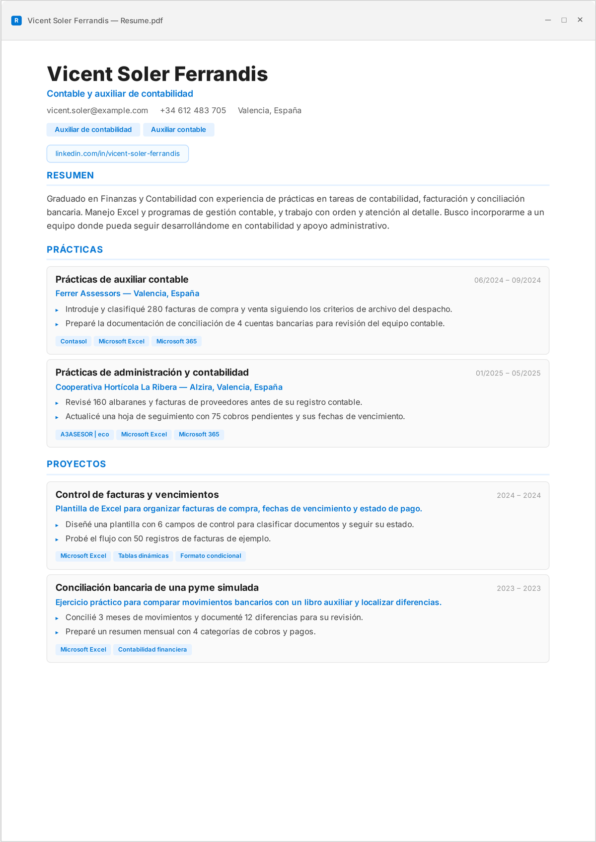 Ejemplo de currículum de técnico contable: el currículum de nivel inicial de un técnico contable que muestra QuickBooks y Xero, conciliaciones bancarias, cuentas por pagar y por cobrar, e informes mensuales para varios clientes.