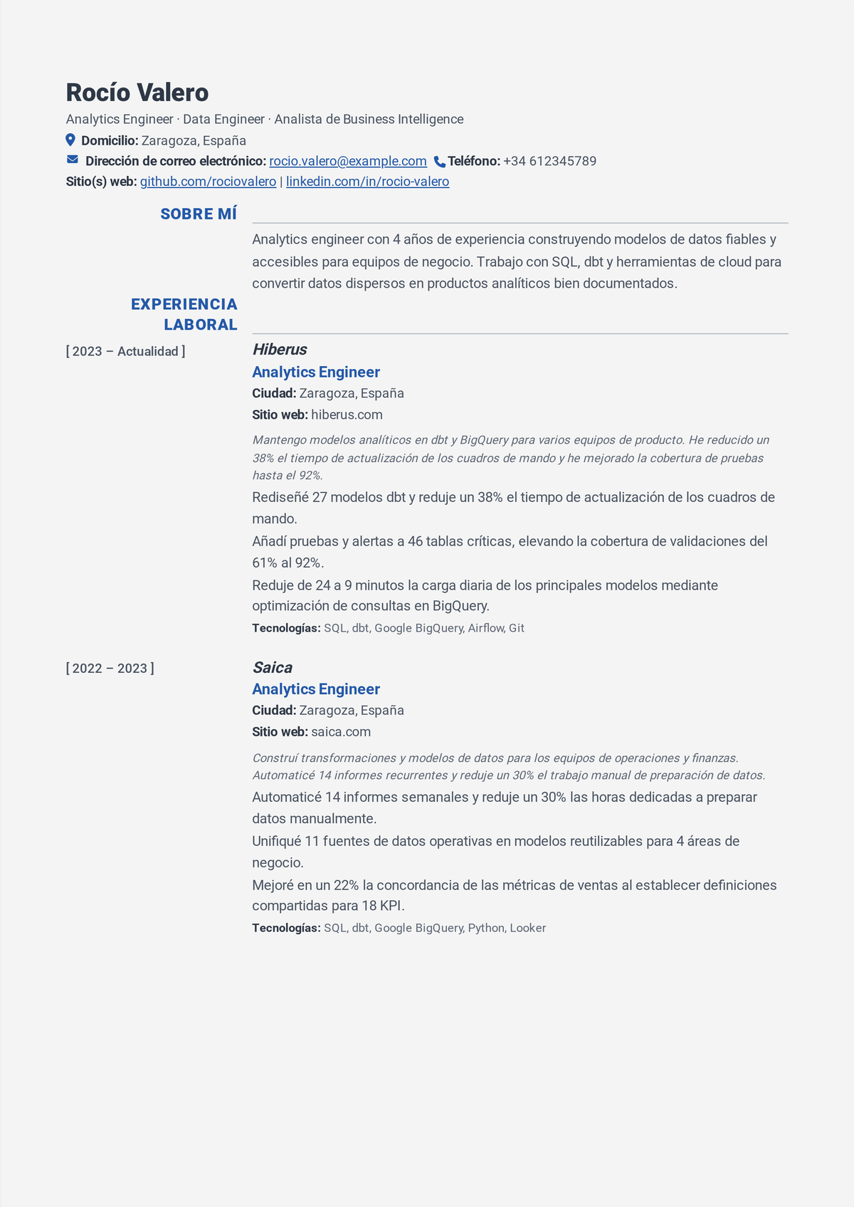 Ejemplo de currículum de analytics engineer: un currículum que muestra dbt y SQL sobre un almacén de datos en la nube, modelos de transformación probados, cumplimiento de la calidad de datos y tiempo de ejecución del pipeline recortado.