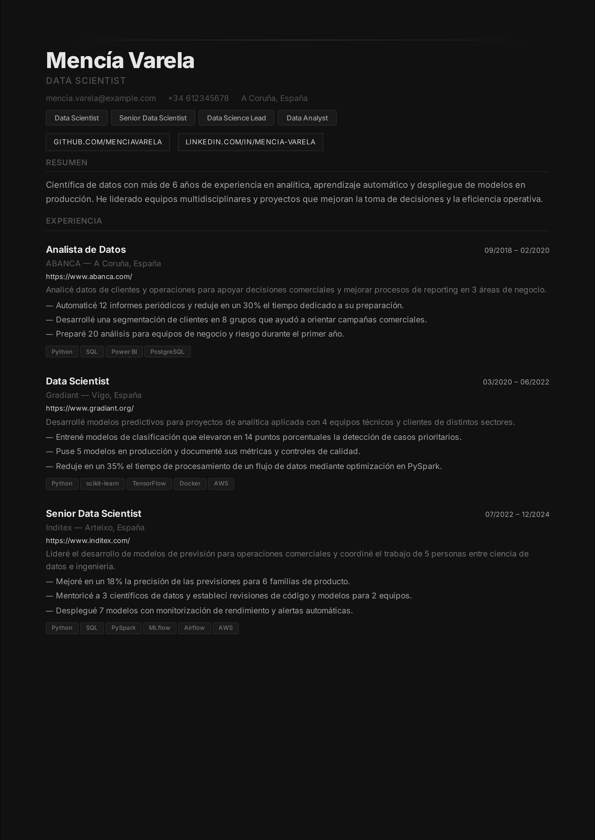 Ejemplo de currículum de data scientist: el currículum de un data scientist sénior que muestra un stack de Python y ML, un modelo predictivo en producción, pruebas A/B e impacto posterior en ingresos y retención.