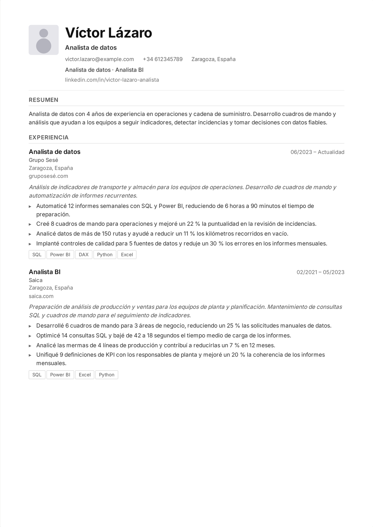 Ejemplo de currículum de analista de datos de media carrera: el currículum de un analista que muestra SQL complejo, cuadros de mando que los stakeholders usan y análisis que impulsaron decisiones de ingresos, coste o retención.