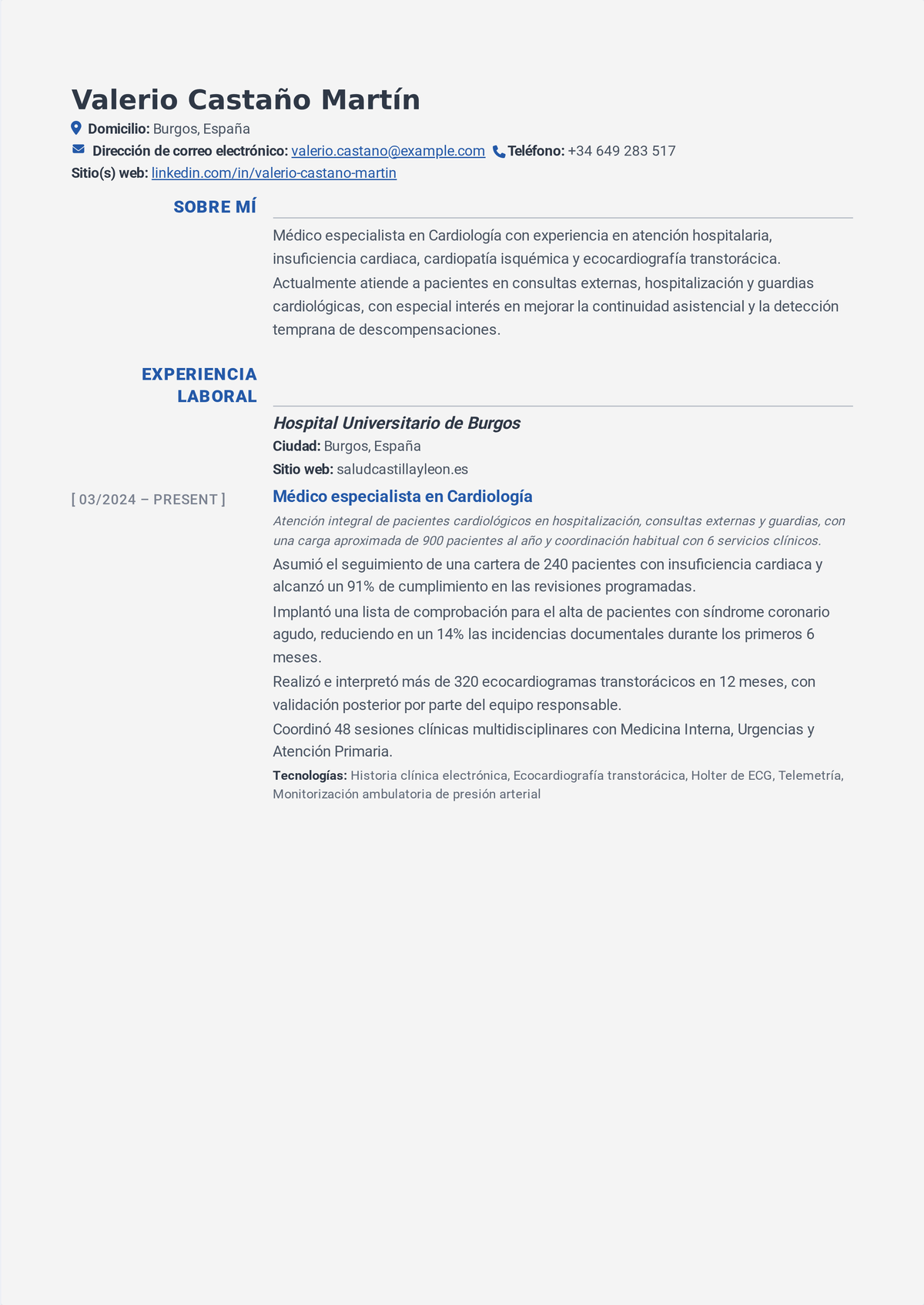 Ejemplo de currículum de fellow de cardiología: el CV de un médico en formación de subespecialidad que muestra la acreditación en medicina interna, un fellowship de cardiología, registros de procedimientos e investigación.