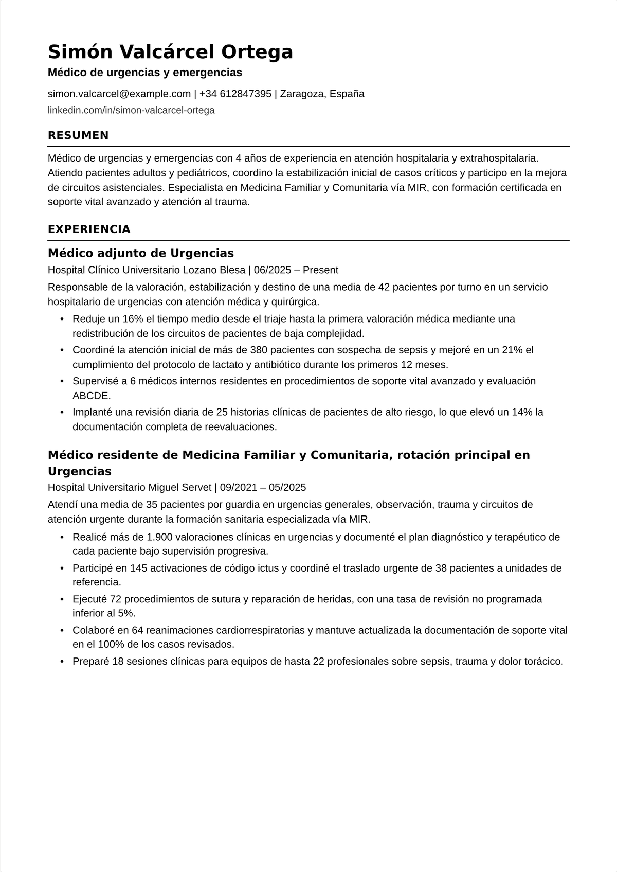 Ejemplo de currículum de médico de urgencias: el currículum de un médico de urgencias que muestra la acreditación del ABEM, el abanico de procedimientos, la experiencia en trauma y el volumen de pacientes por hora.