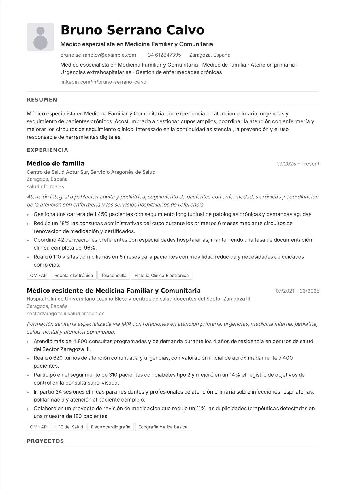 Ejemplo de currículum de médico de familia: el currículum de un médico general encabezado por la acreditación del ABFM, una licencia sin restricciones, el tamaño del cupo y resultados de control de enfermedades crónicas.