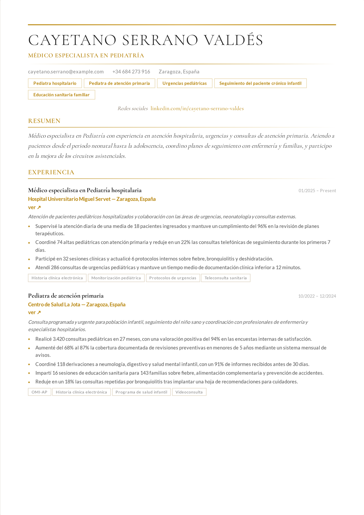 Ejemplo de currículum de pediatra: el currículum de un pediatra encabezado por la acreditación del ABP, métricas de revisiones del niño sano y vacunación, y cribado del desarrollo.