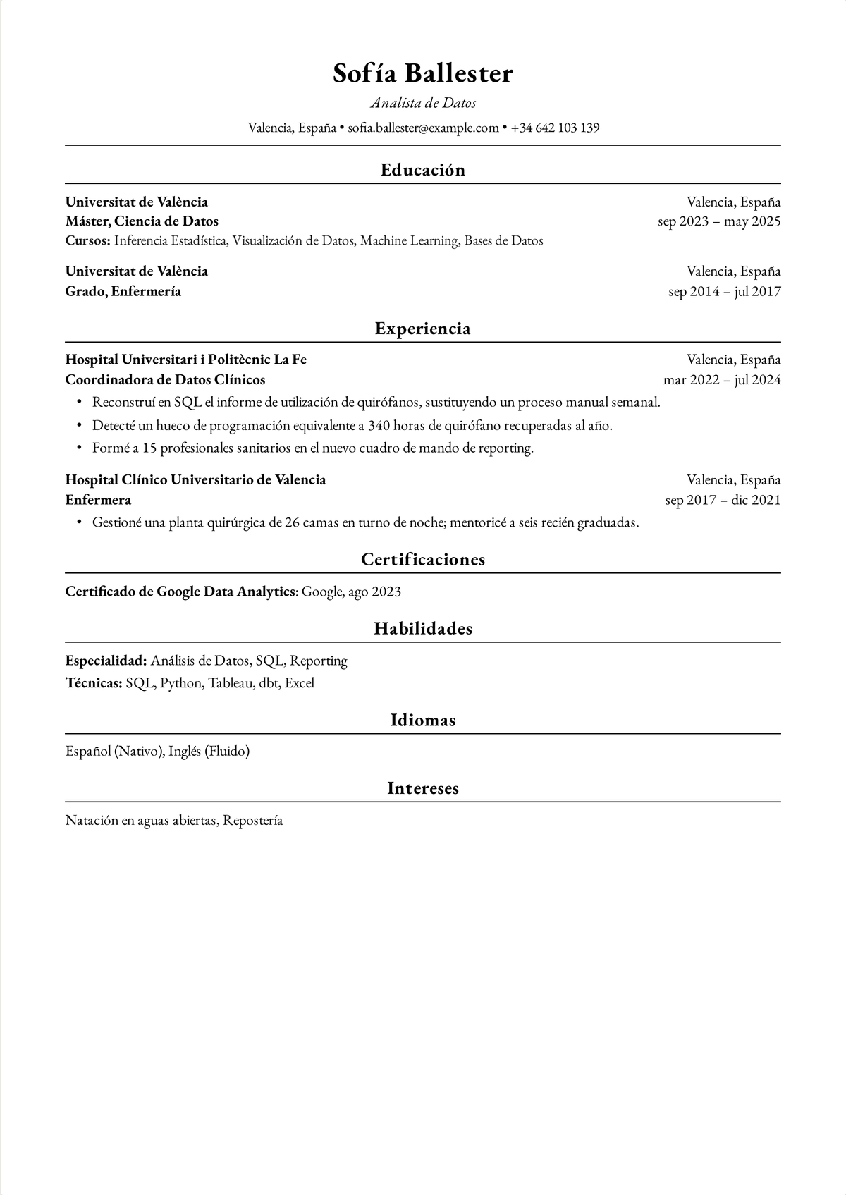 Ejemplo de currículum Harvard para un cambio de carrera: un CV de una página que pasa de la enfermería a la analítica de datos, con un máster, un puesto de datos clínicos y la carrera previa de enfermería comprimida.