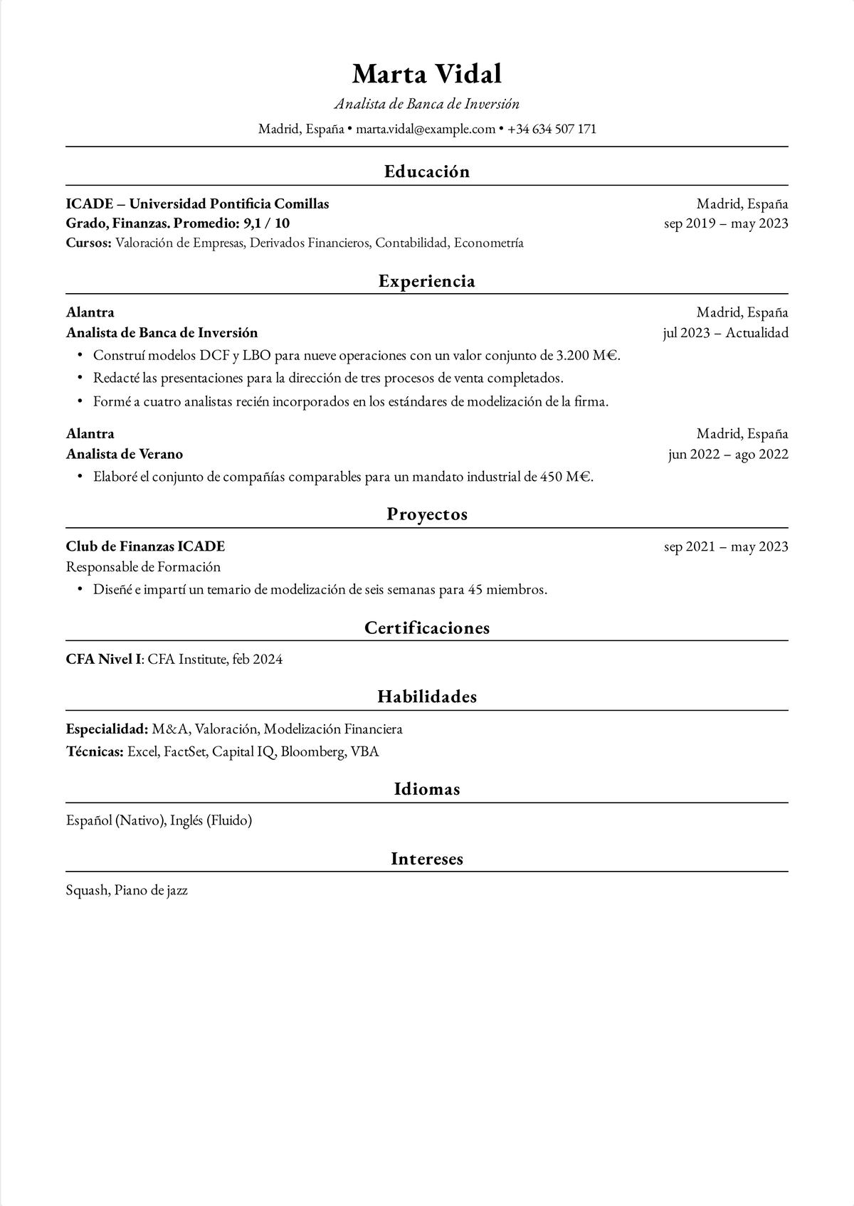 Ejemplo de currículum Harvard para una analista de banca de inversión: un CV de finanzas de una página con el valor de las operaciones, modelización DCF y LBO y una certificación CFA Nivel I.