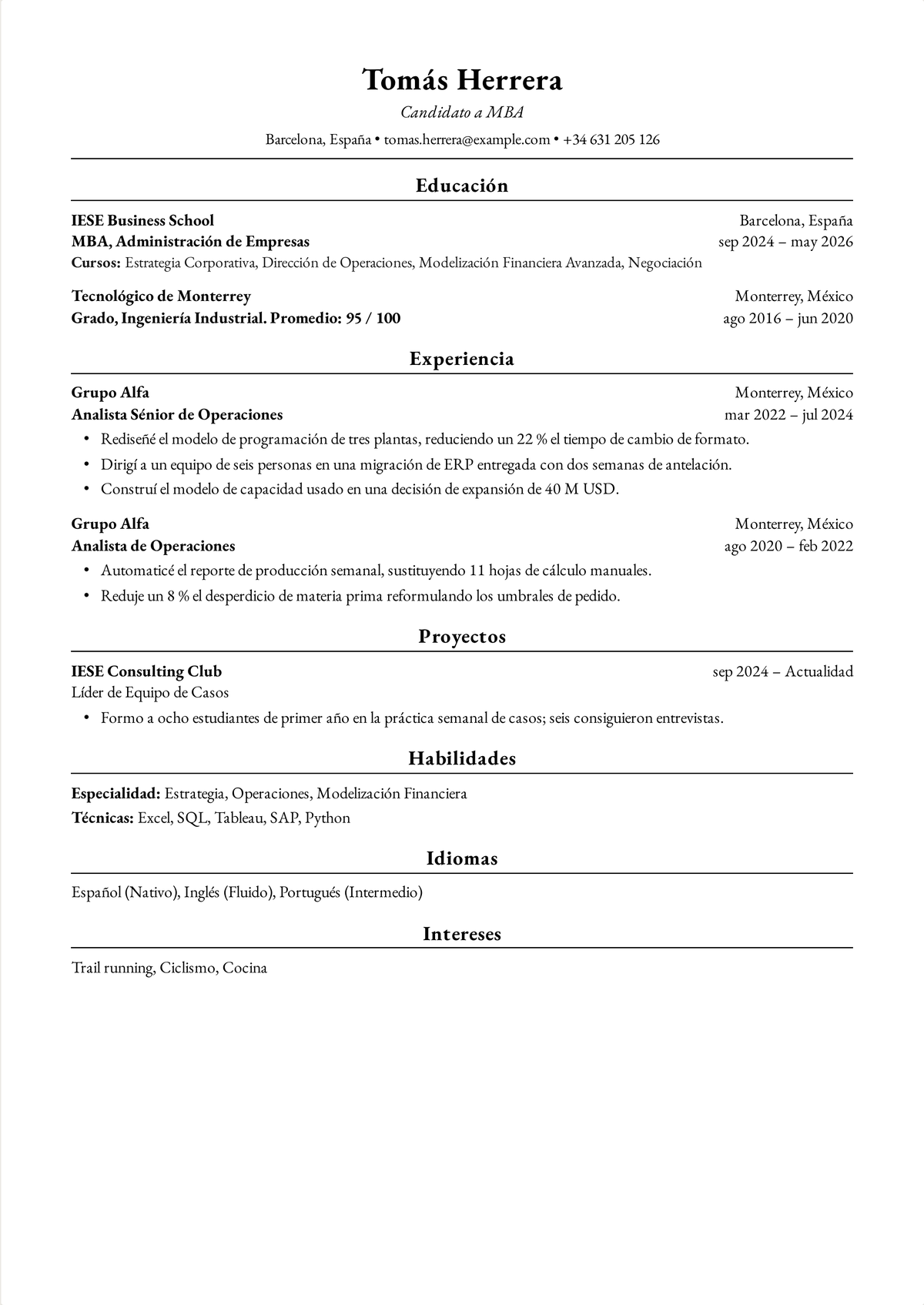 Ejemplo de currículum Harvard para un candidato a MBA: un CV de una página que enumera un MBA y un título de ingeniería, seguidos de puestos de operaciones con resultados cuantificados de planta y ERP.
