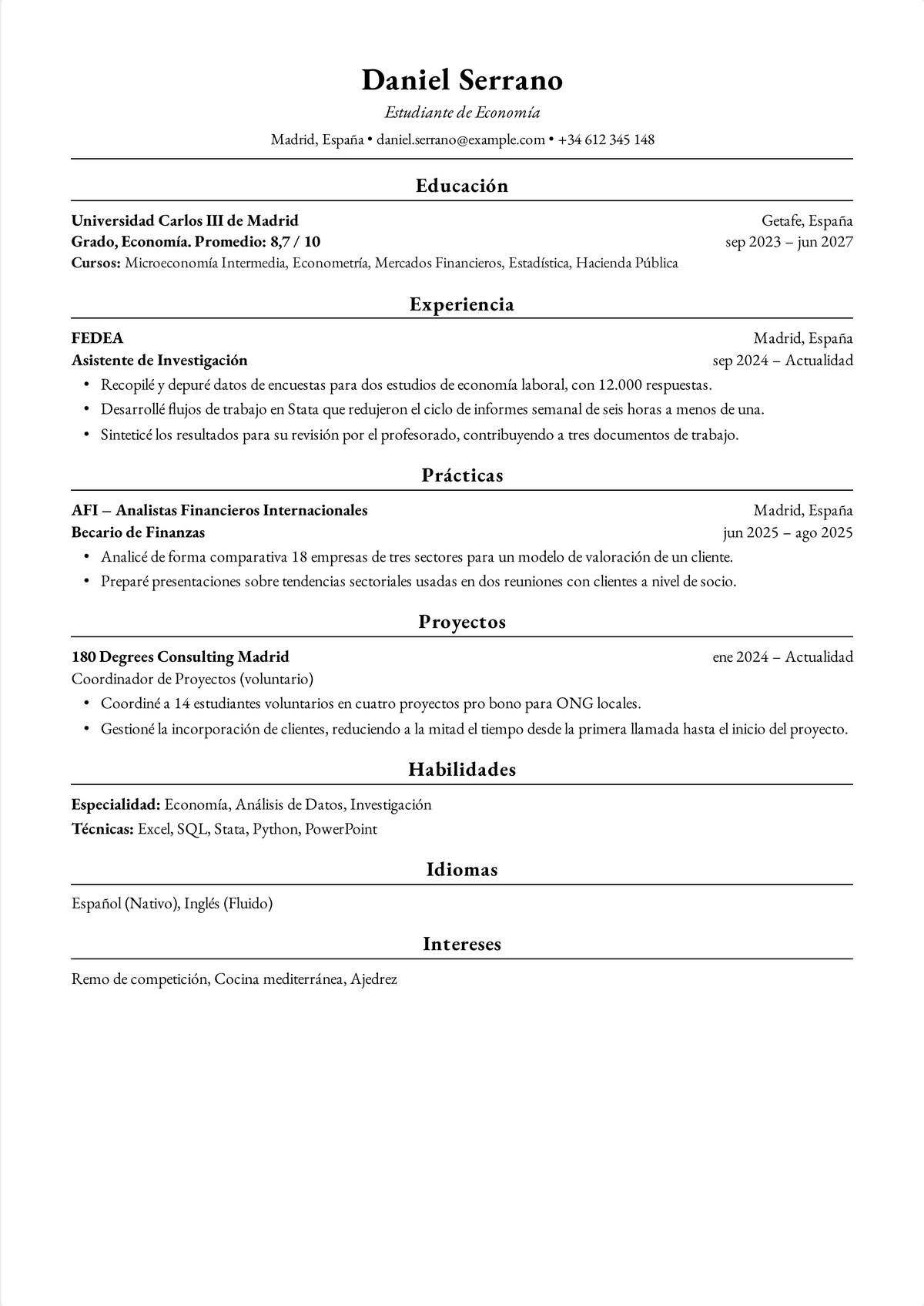 Ejemplo de currículum Harvard para un estudiante de grado: un CV de una página de un estudiante de Economía con la formación primero, una beca de investigación, unas prácticas de verano y un cargo de liderazgo en el campus.