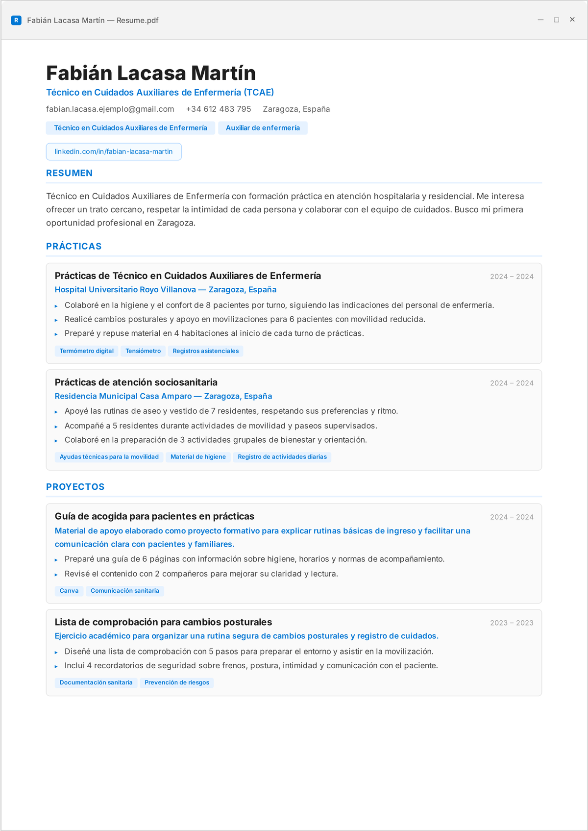Ejemplo de currículum de auxiliar de enfermería: el currículum de nivel inicial de un auxiliar de enfermería certificado que muestra actividades de la vida diaria, constantes vitales, traslados seguros y observación del paciente.