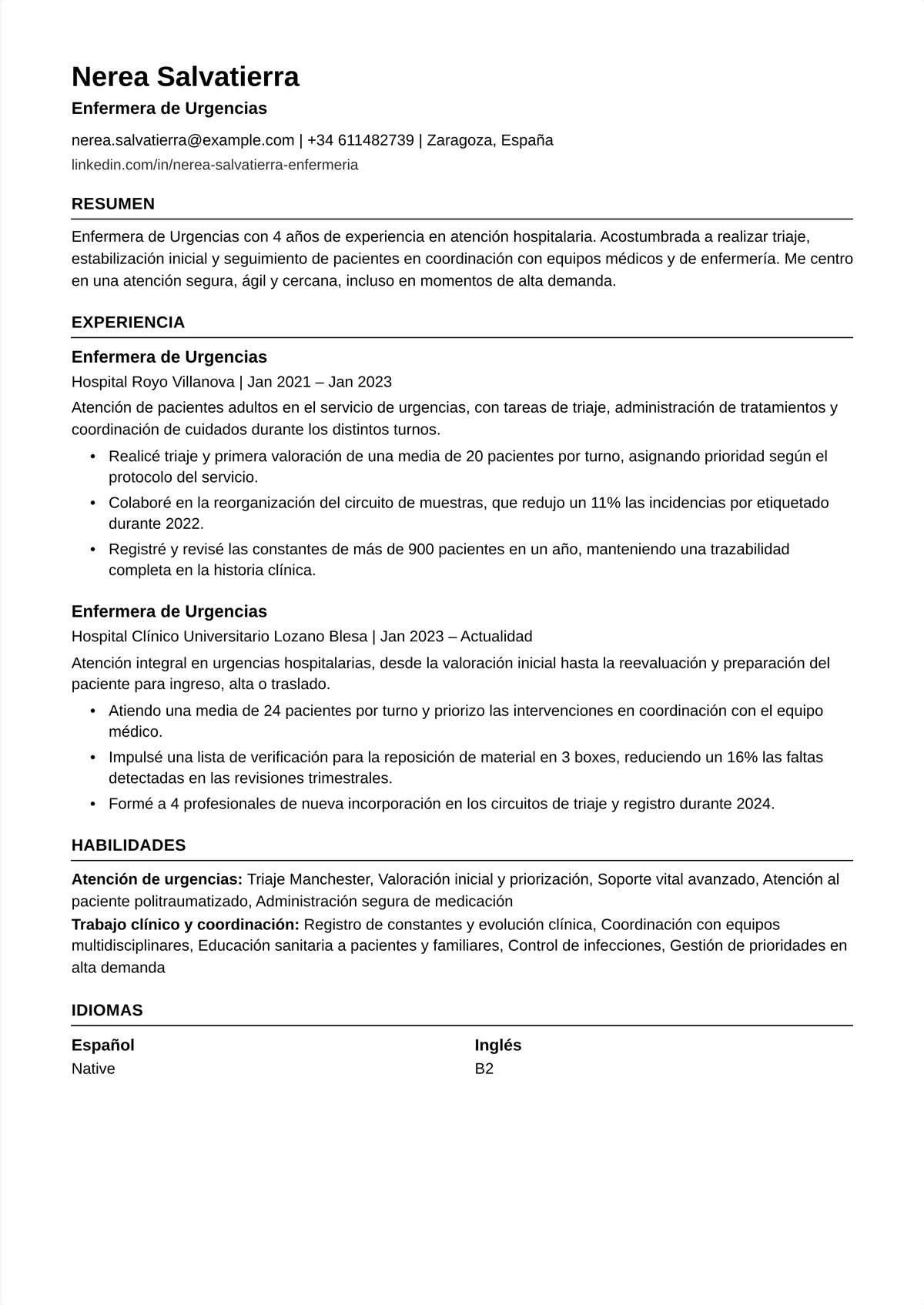 Ejemplo de currículum de enfermera de urgencias: el currículum de una enfermera de urgencias encabezado por la certificación TNCC y CEN, que muestra triaje ESI, protocolos de trauma e ictus y métricas de flujo de pacientes.