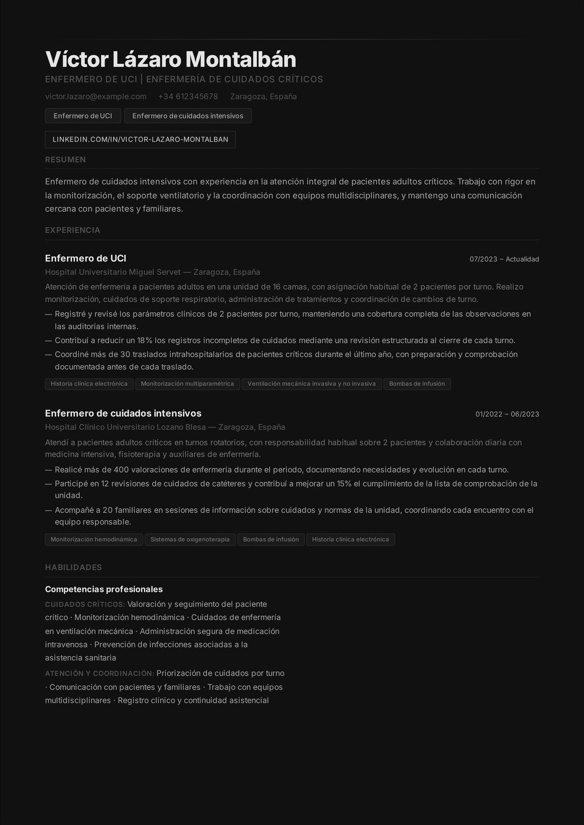 Ejemplo de currículum de enfermera de UCI: el currículum de una enfermera de cuidados críticos encabezado por la certificación CCRN, que muestra manejo de ventiladores, perfusiones ajustadas y tasas de CLABSI a cero.