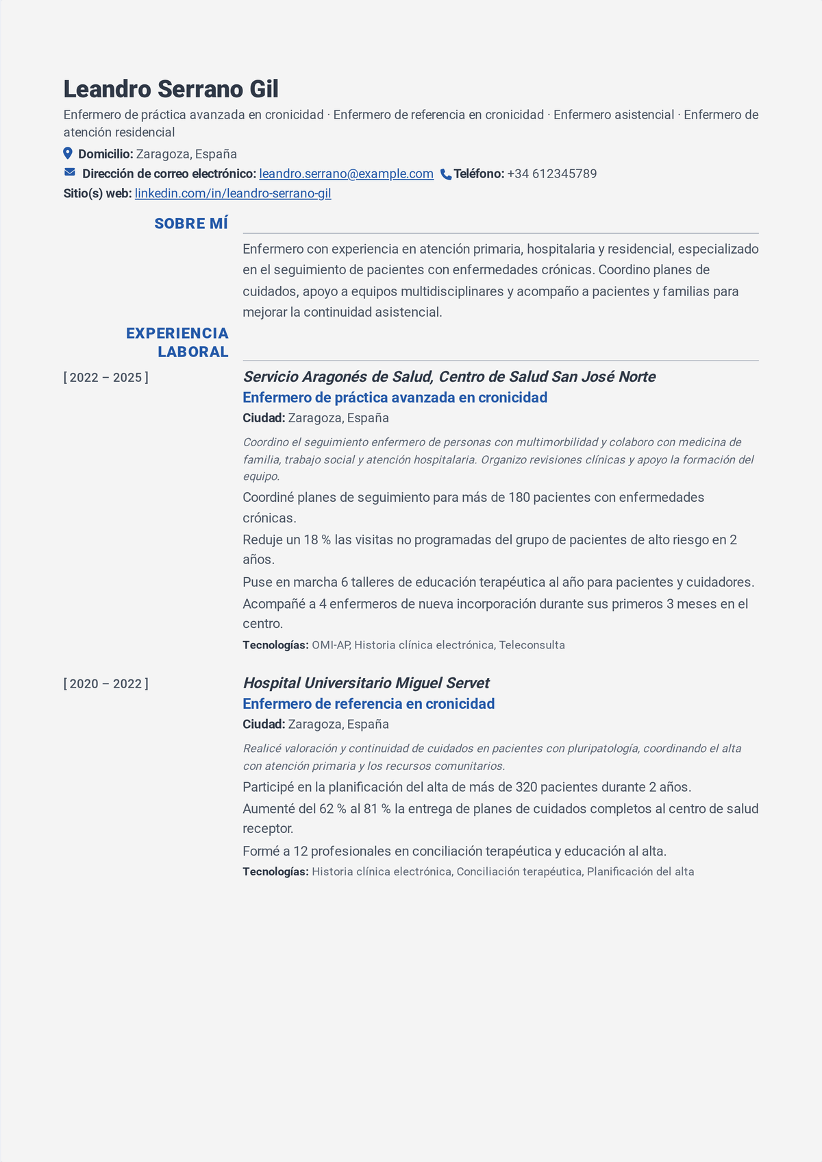 Ejemplo de currículum de enfermera de práctica avanzada: el currículum encabezado por la licencia APRN, la certificación de la especialidad y la autoridad para prescribir, que muestra un cupo de pacientes gestionado e indicadores de calidad.