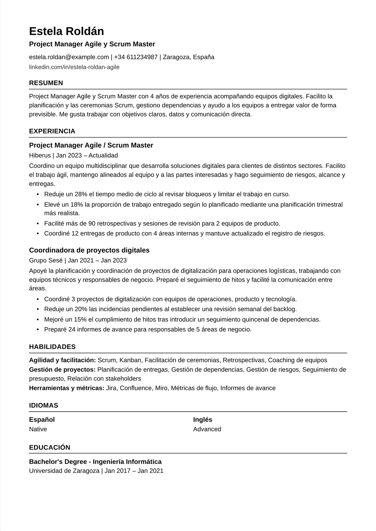 Ejemplo de currículum de scrum master: el currículum de un director de proyectos agile de media carrera encabezado por una certificación CSM, que muestra facilitación de sprints, bloqueos eliminados, velocidad mejorada y entrega en plazo.