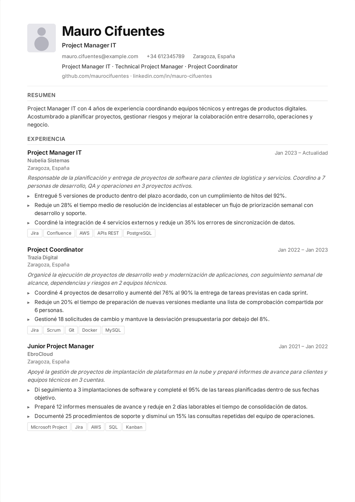 Ejemplo de currículum de jefe de proyecto de IT: el currículum de un jefe de proyecto técnico de media carrera que muestra proyectos de software e infraestructura entregados a tiempo y dentro de presupuesto, equipos multidisciplinares gestionados y riesgo controlado.