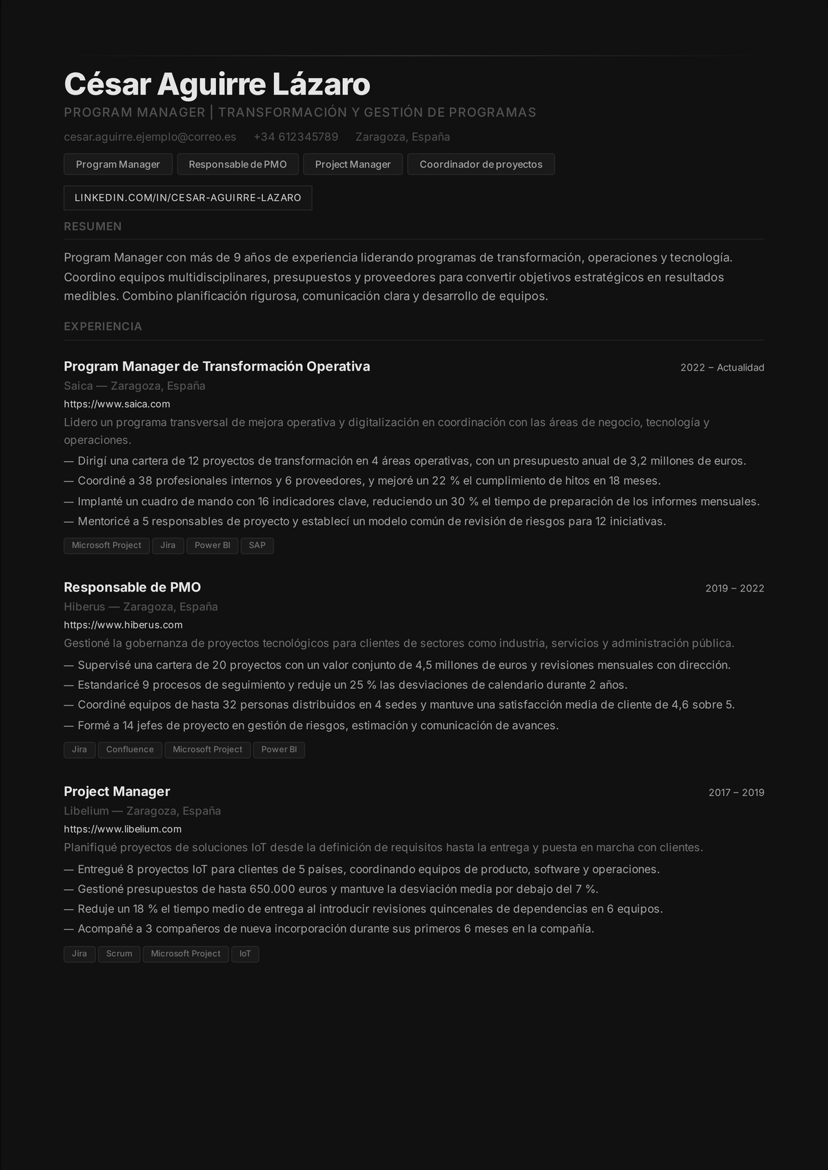 Ejemplo de currículum de director de programas: el currículum de un director de programas sénior que muestra una cartera de proyectos alineada con un objetivo estratégico, dependencias entre proyectos gestionadas, reporting a la dirección y presupuesto del programa.