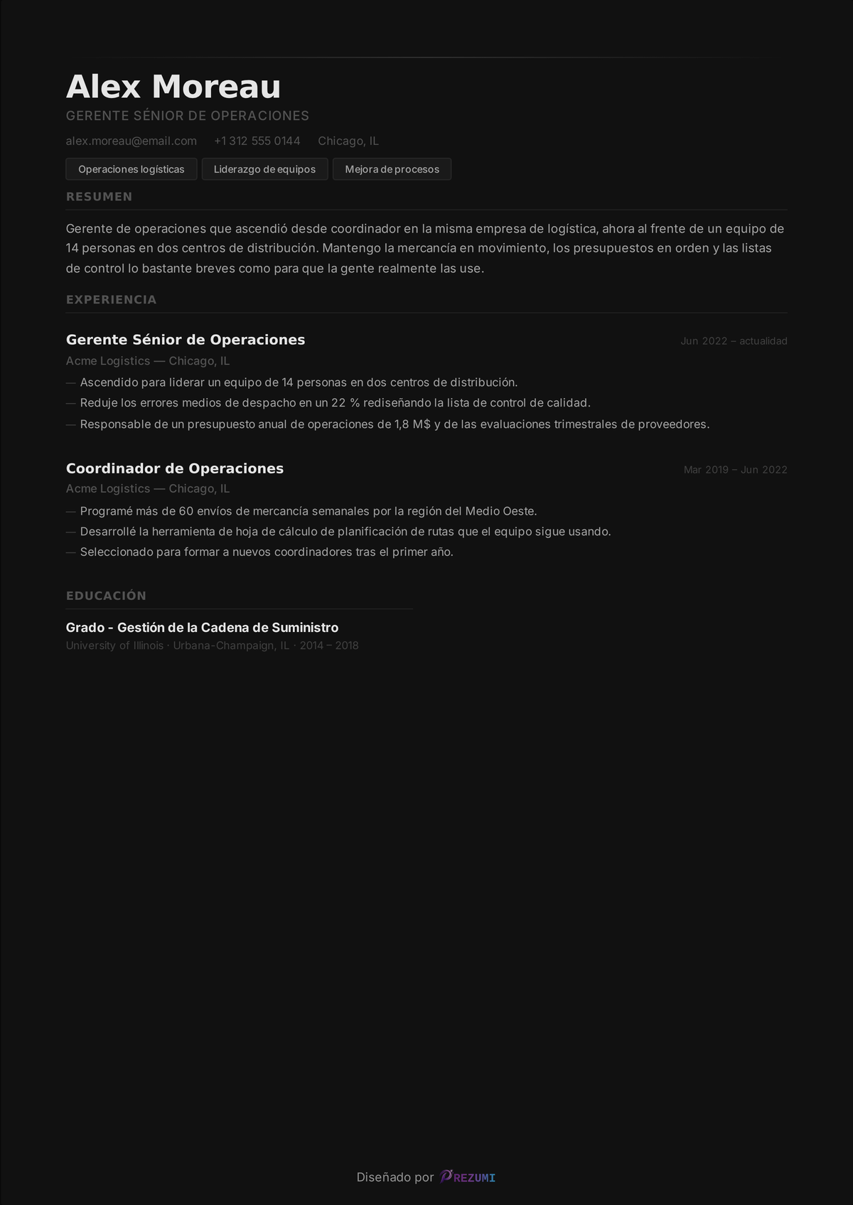 Currículum mostrando varios puestos en la misma empresa: Gerente Sénior de Operaciones y Coordinador de Operaciones listados por separado bajo Acme Logistics