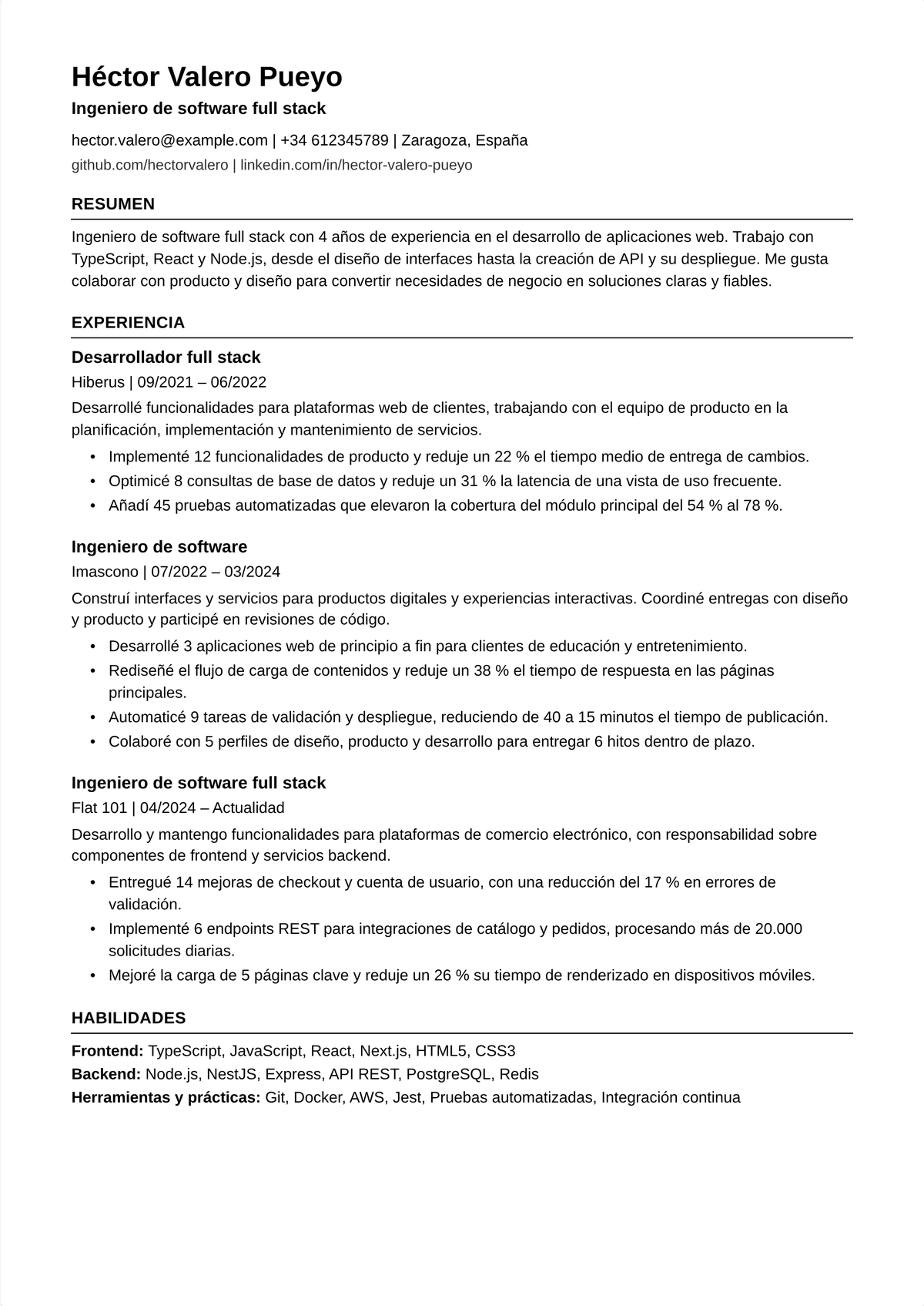 Ejemplo de currículum de ingeniero full-stack: el currículum de un desarrollador full-stack de media carrera que muestra funcionalidades gestionadas de extremo a extremo entre frontend, backend y despliegue, con cifras de adopción y rendimiento.