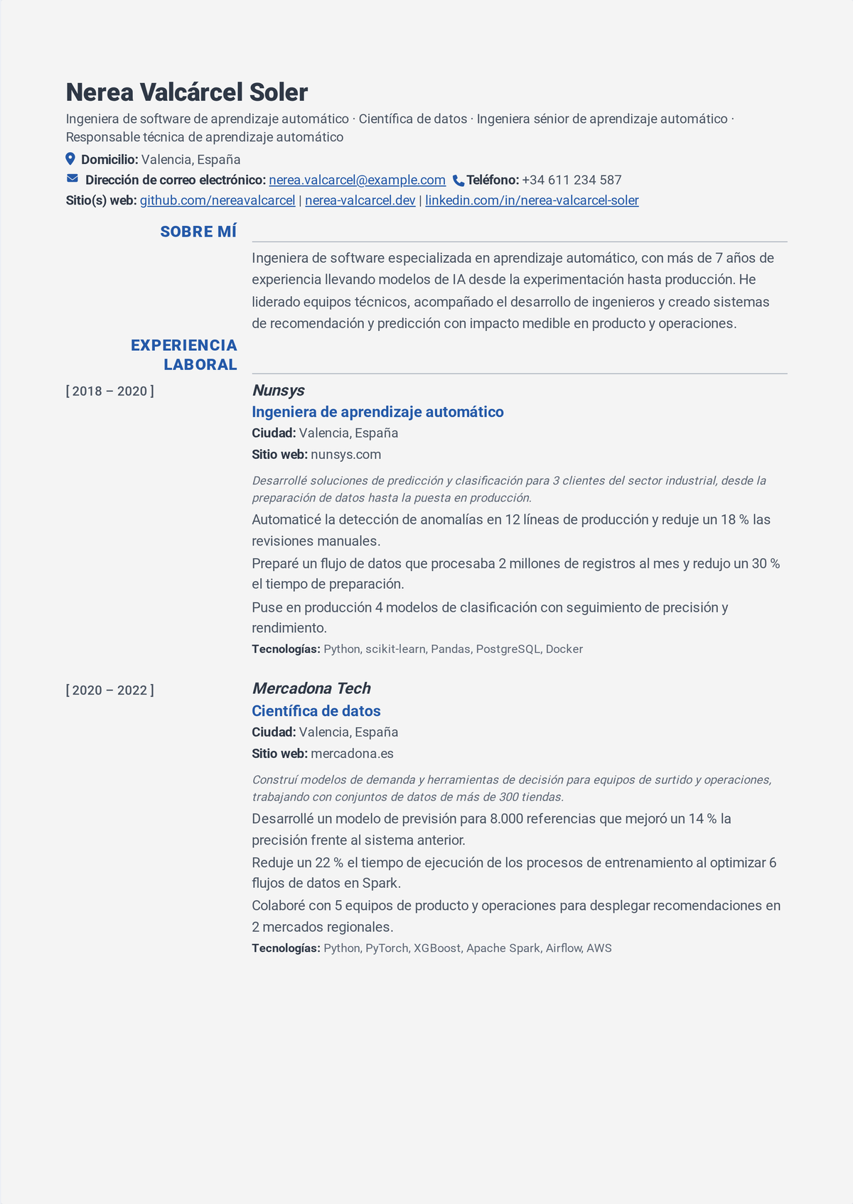 Ejemplo de currículum de ingeniero de aprendizaje automático: el currículum de un ingeniero de ML/IA sénior que muestra un stack de Python y PyTorch, modelos lanzados a producción, pipelines de MLOps e impacto de negocio posterior.
