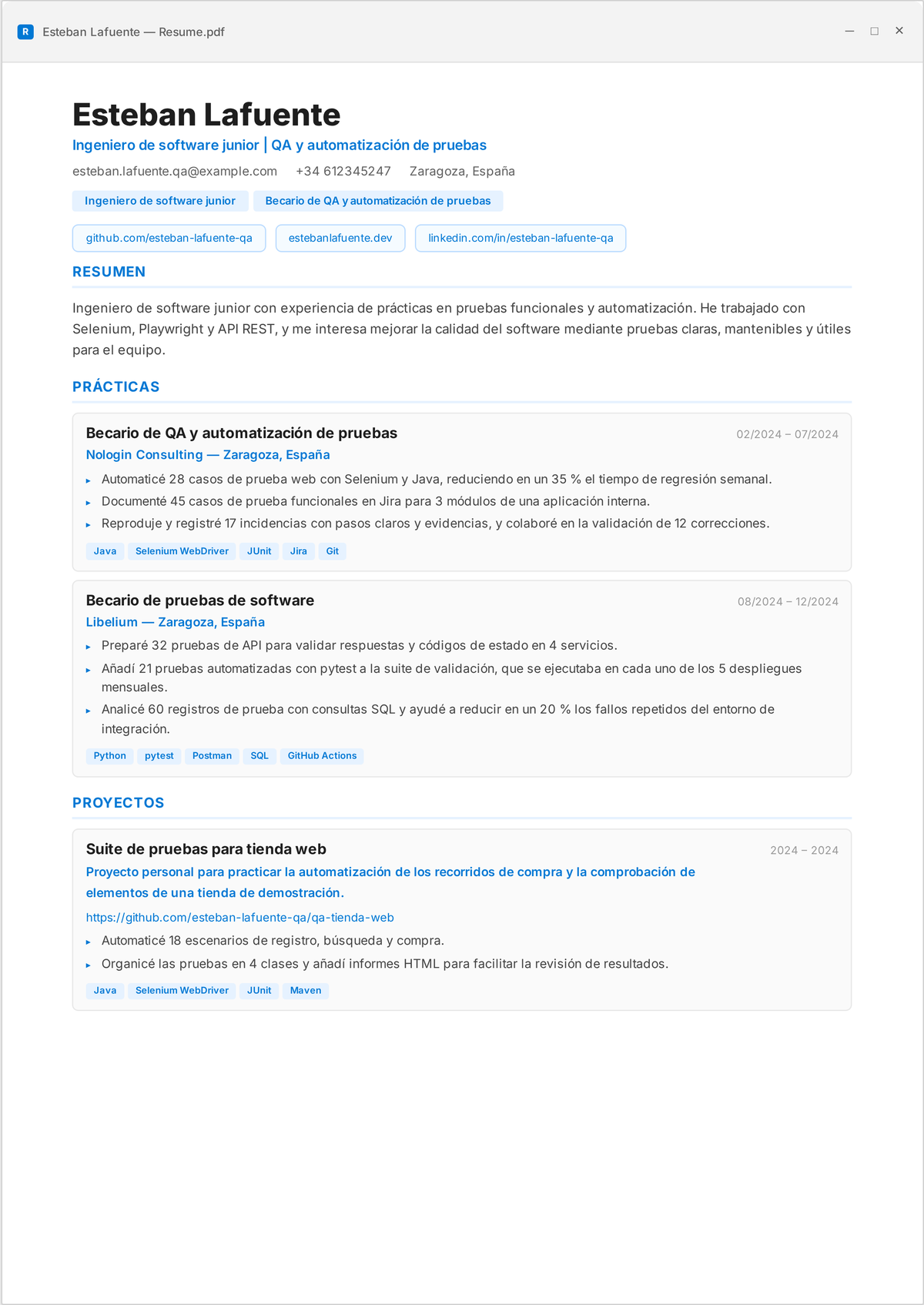 Ejemplo de currículum de ingeniero de QA y automatización de pruebas: el currículum de nivel inicial de un ingeniero de QA que muestra un stack de automatización de pruebas, suites integradas en CI, cobertura añadida y defectos detectados antes de la publicación.