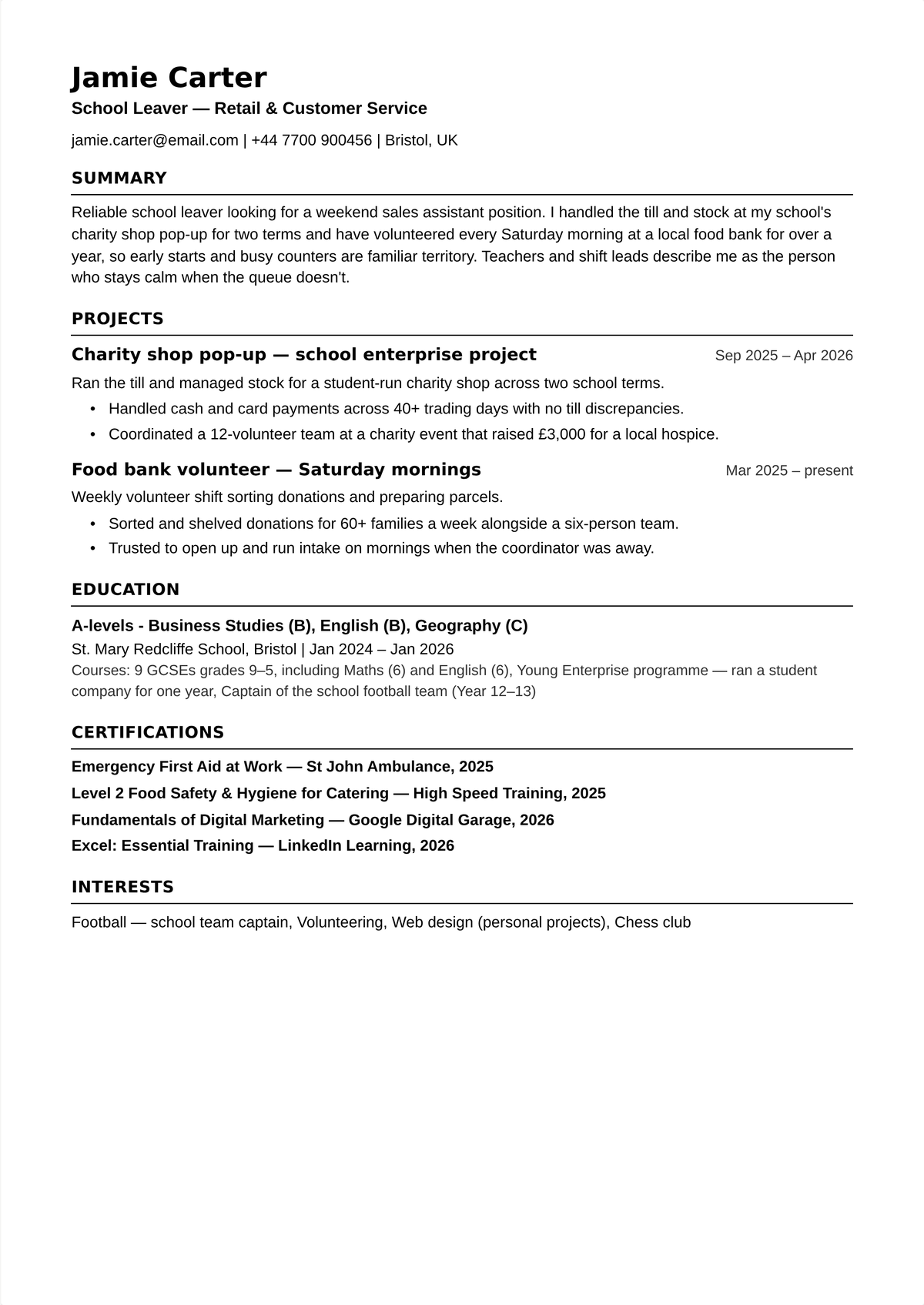 First job CV example with no work experience — a full one-page school leaver CV with projects, education, certifications, and interests