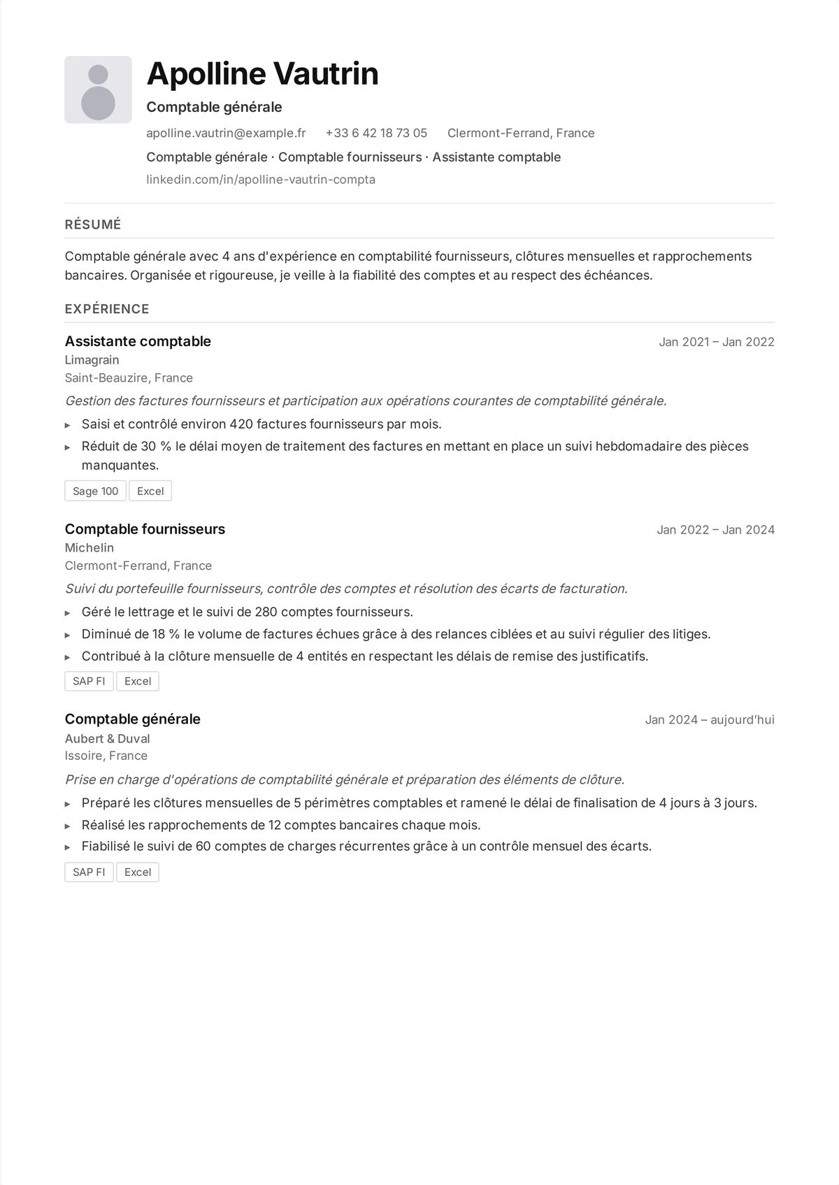 Exemple de CV de comptable général de mi-carrière : le CV d'un comptable montrant l'appropriation de la clôture de fin de mois, des états financiers aux normes GAAP, des rapprochements et une réduction du temps de clôture.