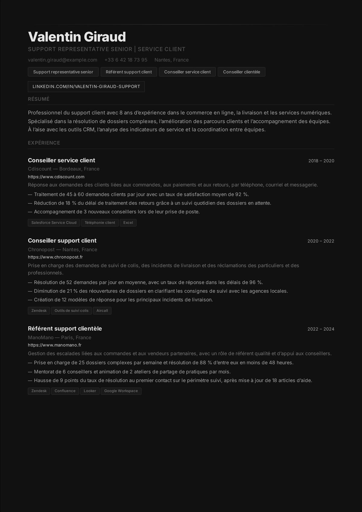 Exemple de CV de chef d'équipe service client : le CV d'un superviseur support montrant la taille de l'équipe gérée, l'accompagnement, le respect des SLA, la fidélisation des conseillers, et une amélioration d'indicateur à l'échelle de l'équipe.