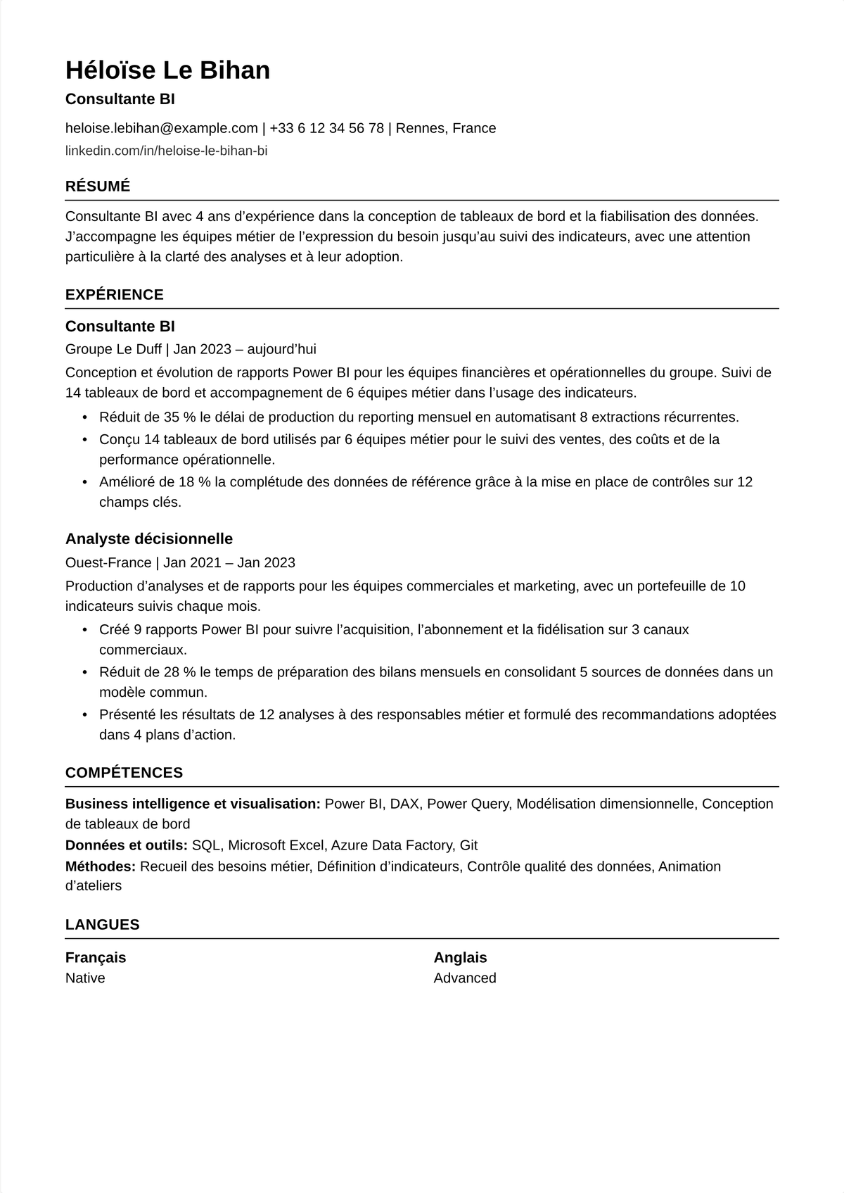 Exemple de CV d'analyste business intelligence : le CV d'un analyste BI montrant Tableau et Power BI sur un entrepôt, des modèles de données, des tableaux de bord en libre-service et des heures de reporting manuel économisées.