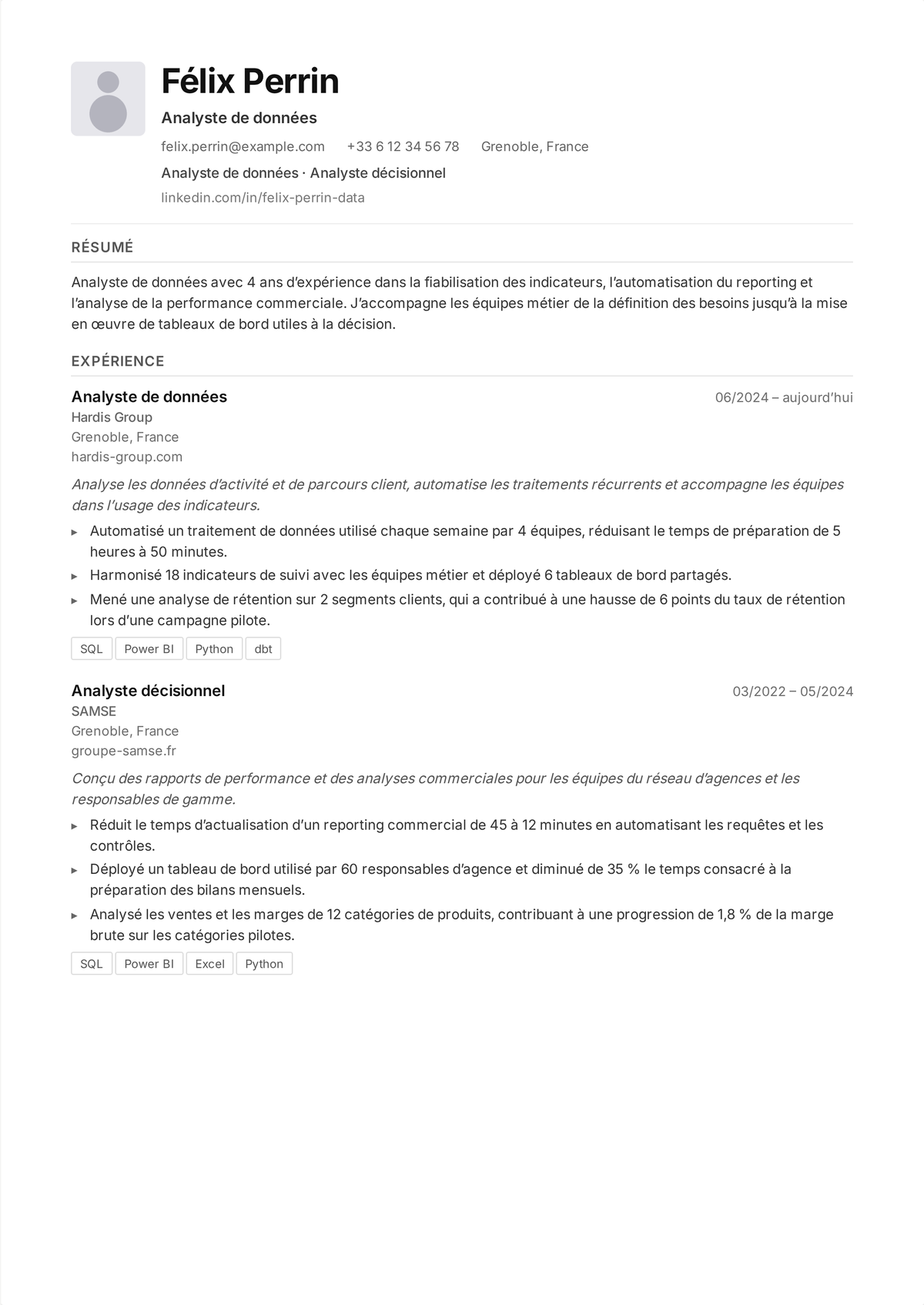 Exemple de CV de data analyst de mi-carrière : le CV d'un analyste montrant du SQL complexe, des tableaux de bord utilisés par les parties prenantes, et des analyses ayant guidé des décisions de revenus, de coûts ou de rétention.