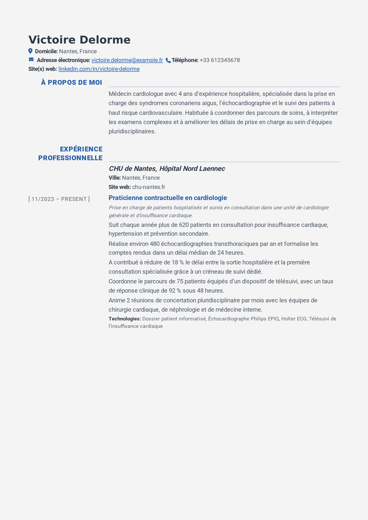 Exemple de CV de fellow en cardiologie : le CV d'un médecin en surspécialisation montrant la certification en médecine interne, un fellowship de cardiologie, des registres de gestes et de la recherche.