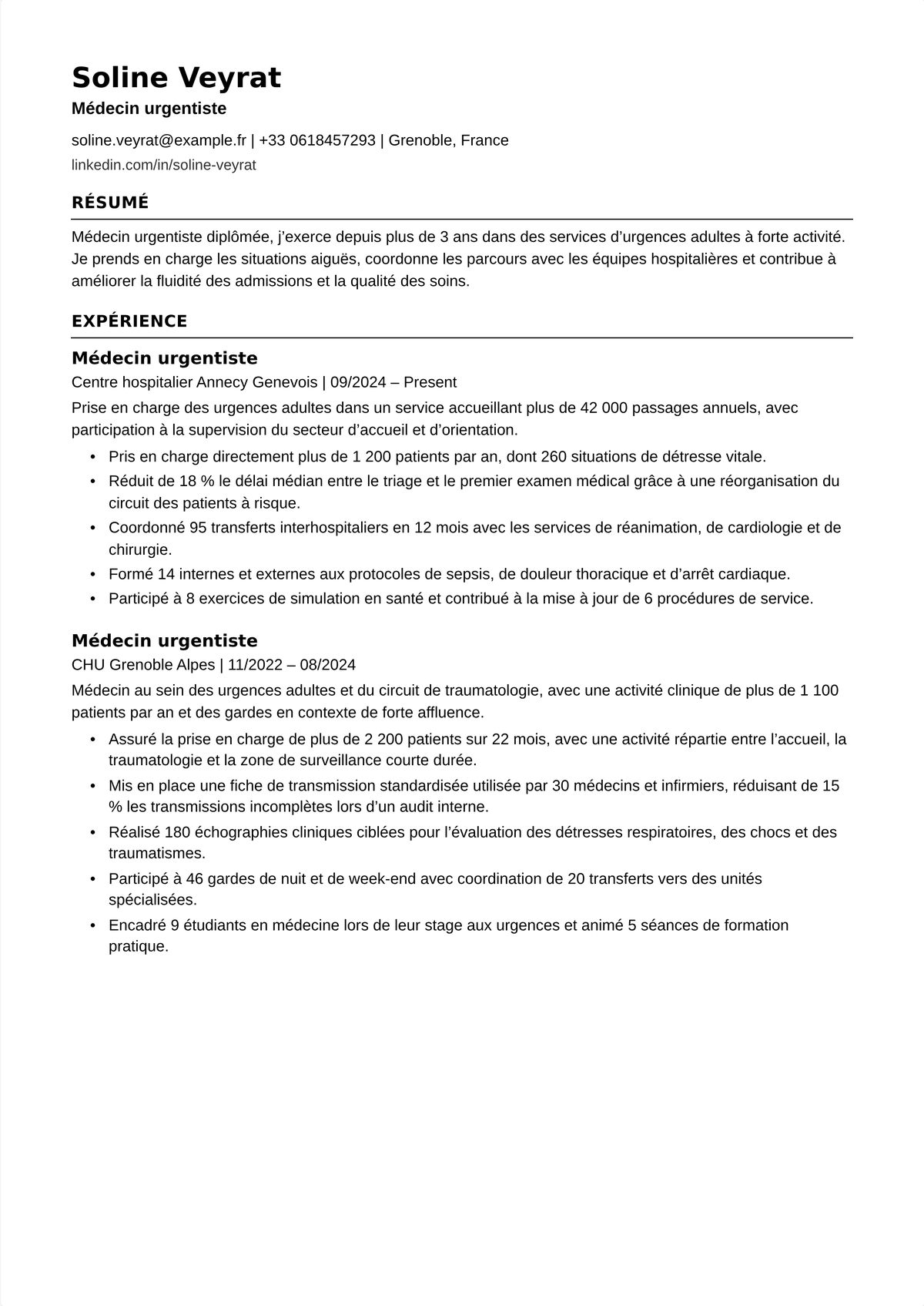 Exemple de CV de médecin urgentiste : le CV d'un urgentiste montrant la certification ABEM, l'éventail de gestes, l'expérience du traumatisme et le volume de patients par heure.
