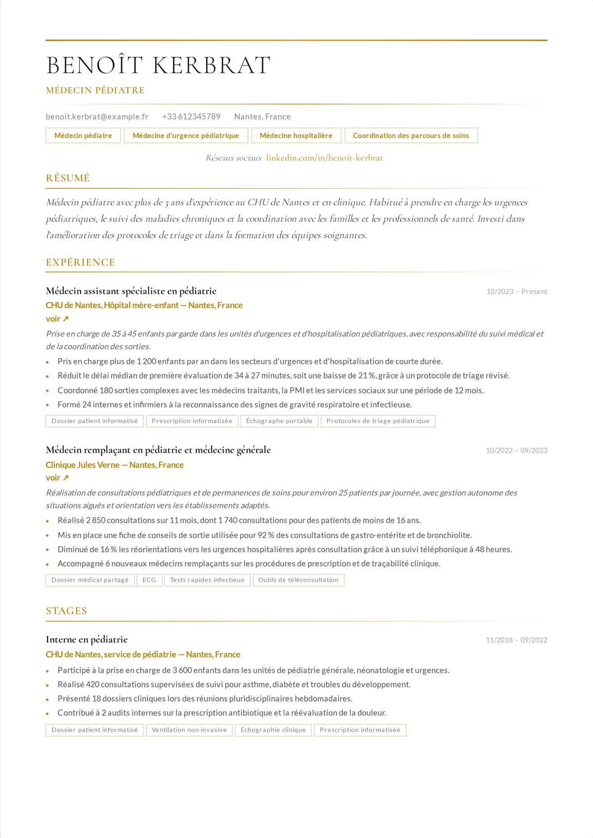 Exemple de CV de pédiatre : le CV d'un pédiatre mené par la certification ABP, des indicateurs de suivi de l'enfant et de vaccination, et le dépistage du développement.