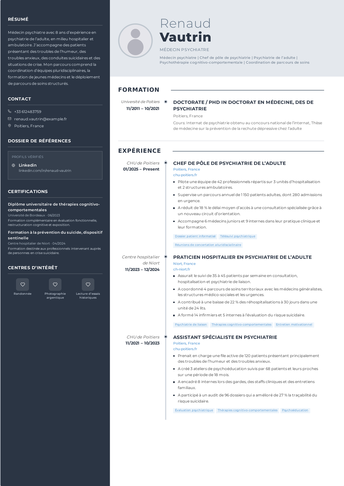 Exemple de CV de psychiatre : le CV d'un psychiatre senior montrant la certification ABPN, une surspécialité, les cadres de prise en charge et un rôle de responsable de service.