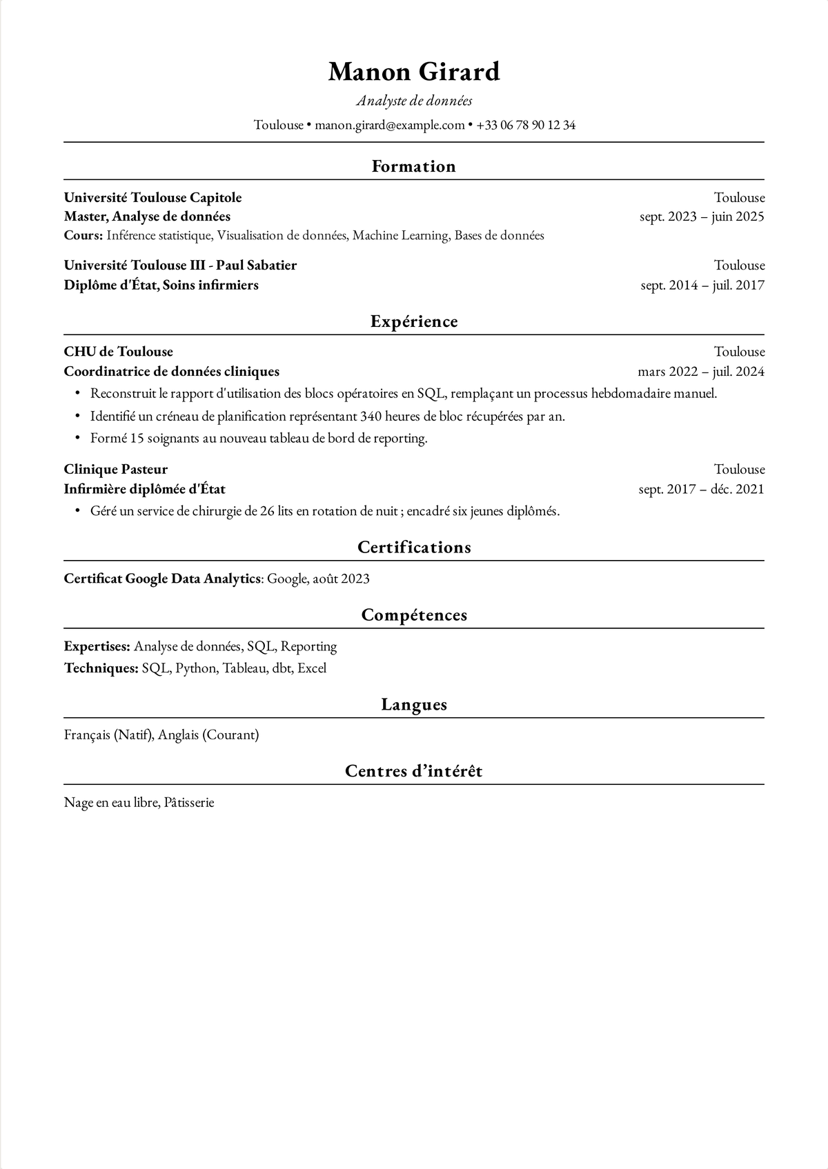 Exemple de CV Harvard pour une reconversion professionnelle : un CV d'une page passant du soin infirmier à l'analyse de données, avec un master, un poste de données cliniques et la carrière infirmière antérieure condensée.