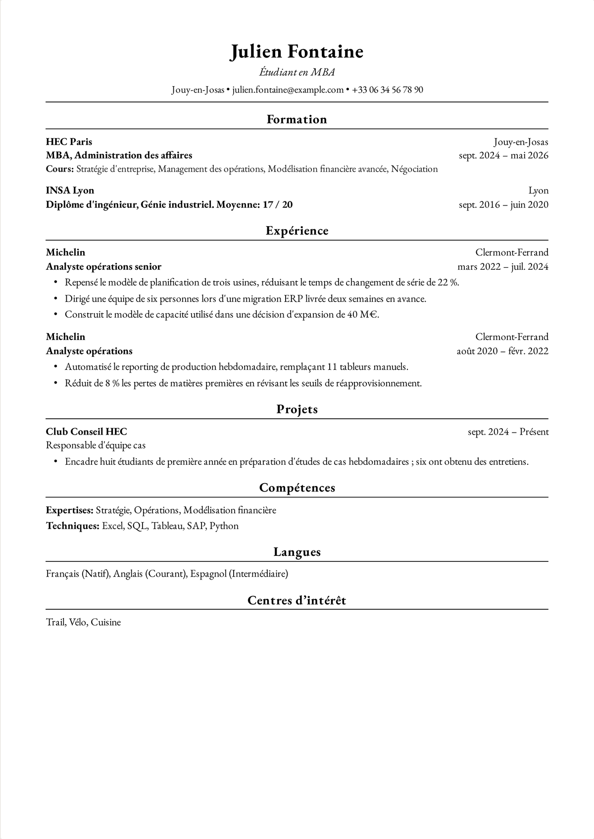 Exemple de CV Harvard pour un étudiant en MBA : un CV d'une page listant un MBA et un diplôme d'ingénieur, puis des postes en opérations avec des résultats chiffrés sur les usines et l'ERP.