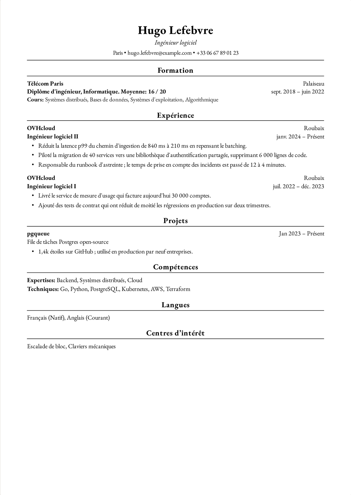 Exemple de CV Harvard pour un ingénieur logiciel : un CV d'ingénieur d'une page avec des améliorations de latence, une migration de services, un runbook d'astreinte et un projet open-source.