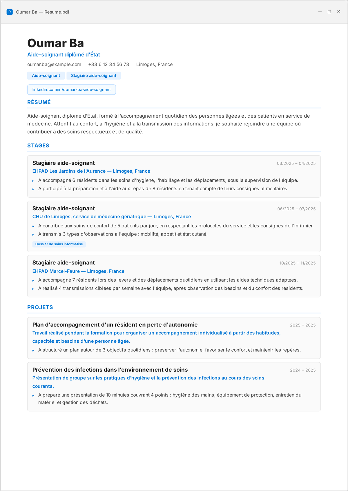 Exemple de CV de CNA : le CV d'un aide-soignant certifié débutant montrant les actes de la vie quotidienne, la prise des constantes, les transferts sécurisés et l'observation du patient.
