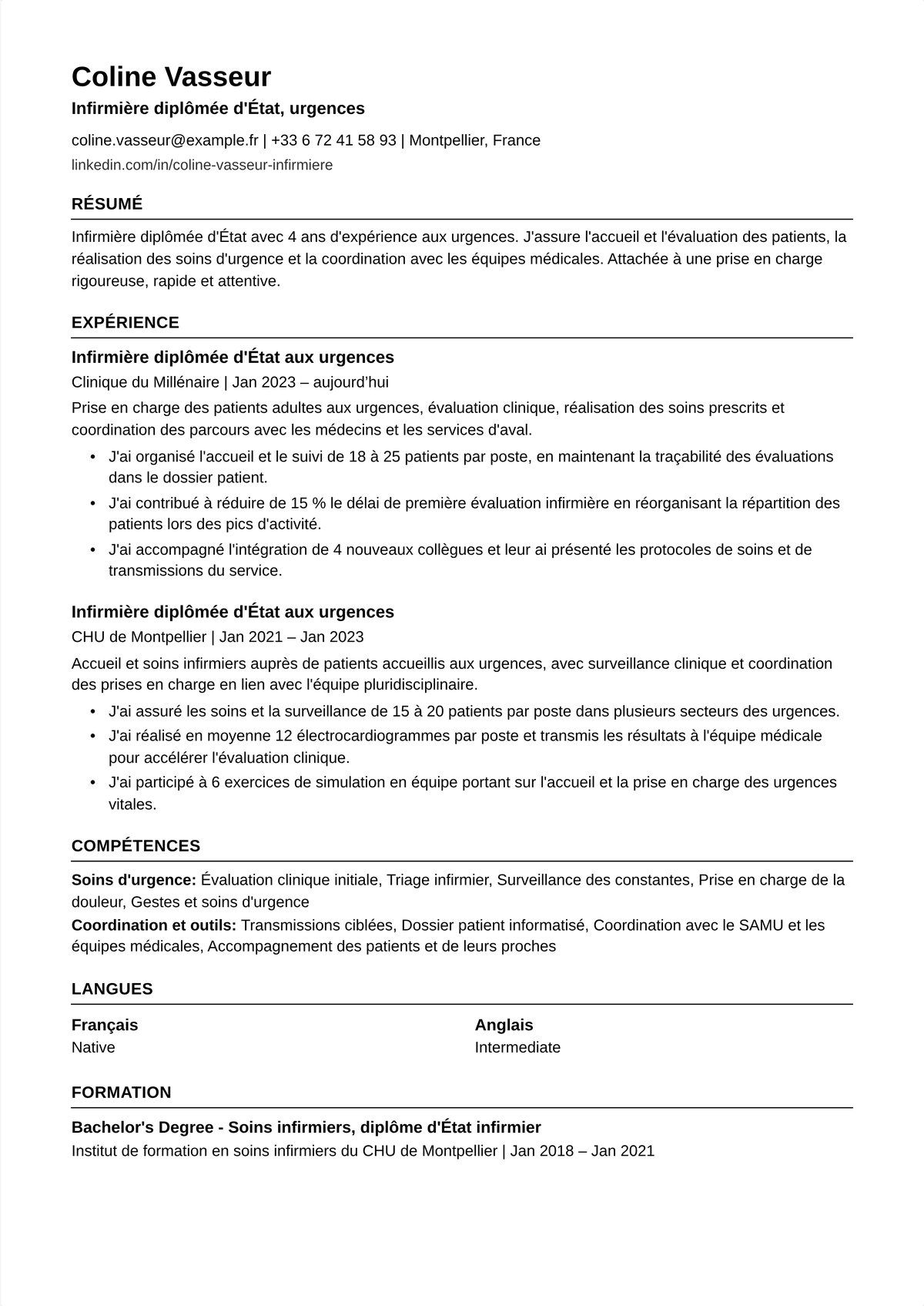 Exemple de CV d'infirmier des urgences : le CV d'un infirmier de service d'urgences mené par les certifications TNCC et CEN, montrant le tri ESI, les protocoles traumatologie et AVC et les indicateurs de débit.