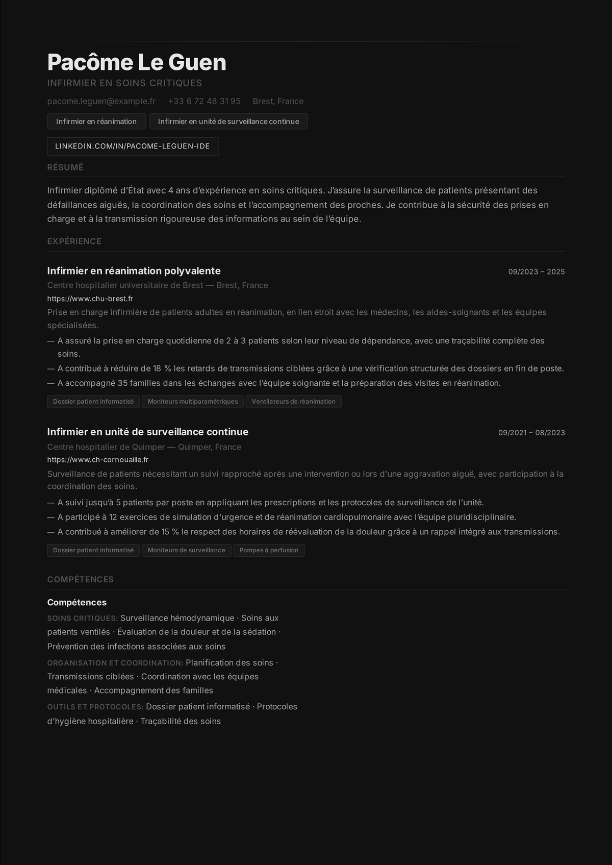 Exemple de CV d'infirmier de réanimation : le CV d'un infirmier de soins intensifs mené par la certification CCRN, montrant la gestion des ventilateurs, les amines titrées et des taux de CLABSI à zéro.