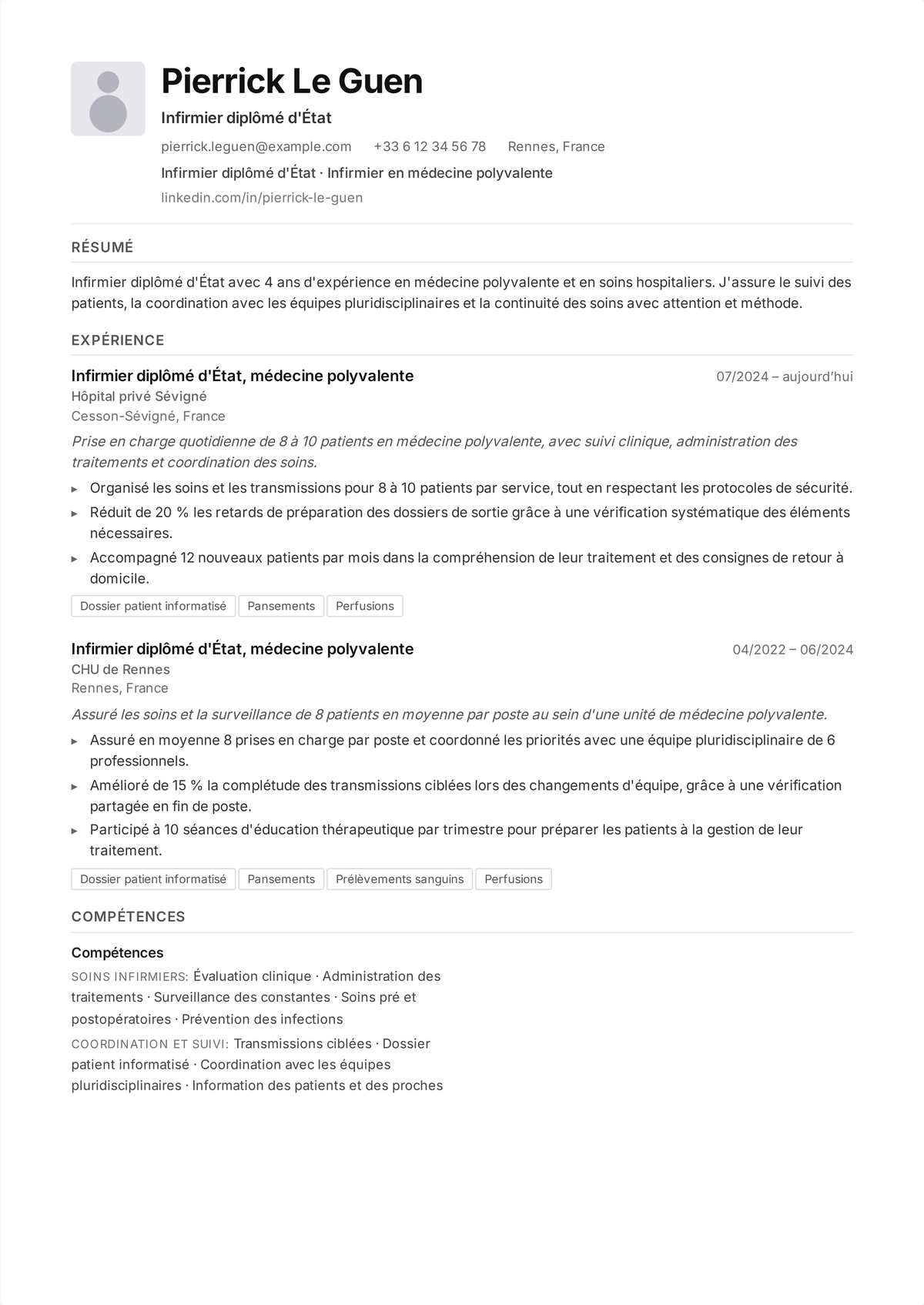 Exemple de CV d'infirmier en médecine-chirurgie : le CV d'un infirmier de médecine-chirurgie montrant une charge de patients complète, la traçabilité au DPI et de faibles taux de chutes et de réhospitalisations.