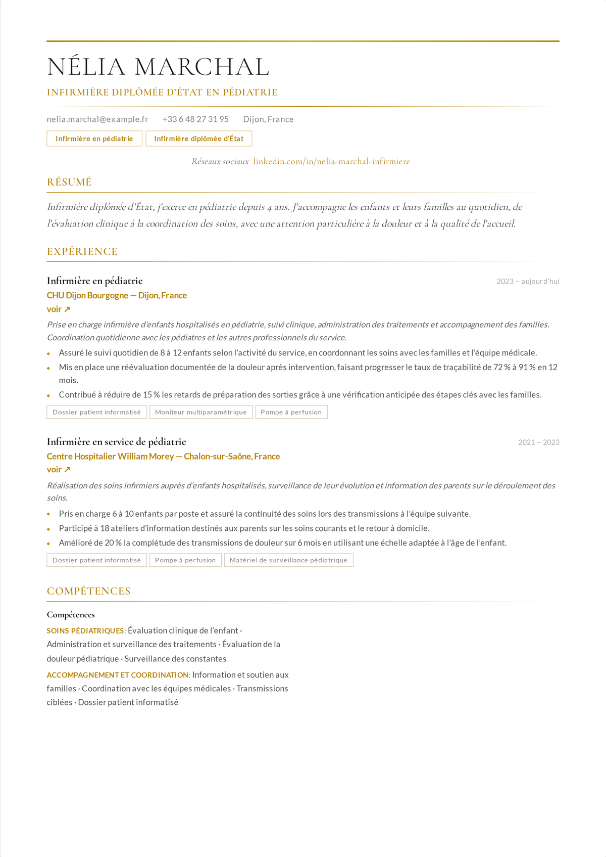 Exemple de CV d'infirmier en pédiatrie : le CV d'un infirmier de pédiatrie mené par la certification PALS, montrant la posologie au poids, l'évaluation du développement et les soins centrés sur la famille.
