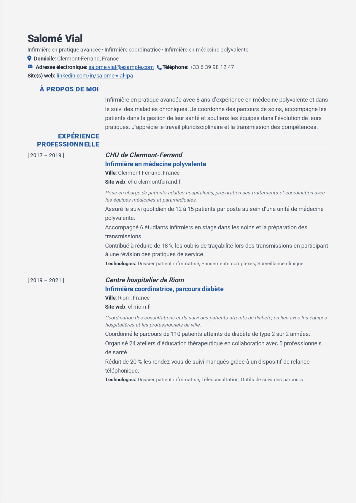 Exemple de CV d'infirmier en pratique avancée : le CV d'un IPA mené par la licence APRN, la certification nationale et le droit de prescription, montrant une patientèle suivie et des indicateurs qualité.