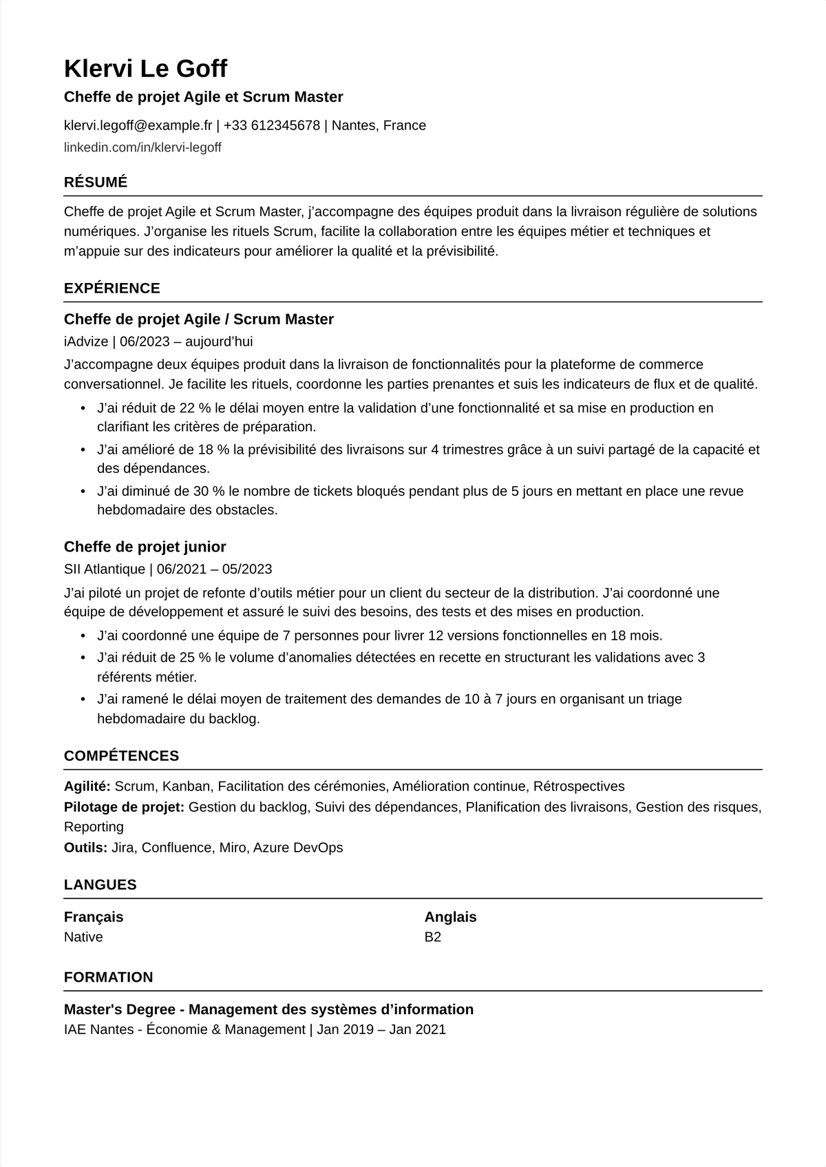 Exemple de CV de scrum master : le CV d'un chef de projet agile de mi-carrière mené par une certification CSM, montrant l'animation des sprints, les obstacles levés, la vélocité améliorée et la livraison dans les délais.