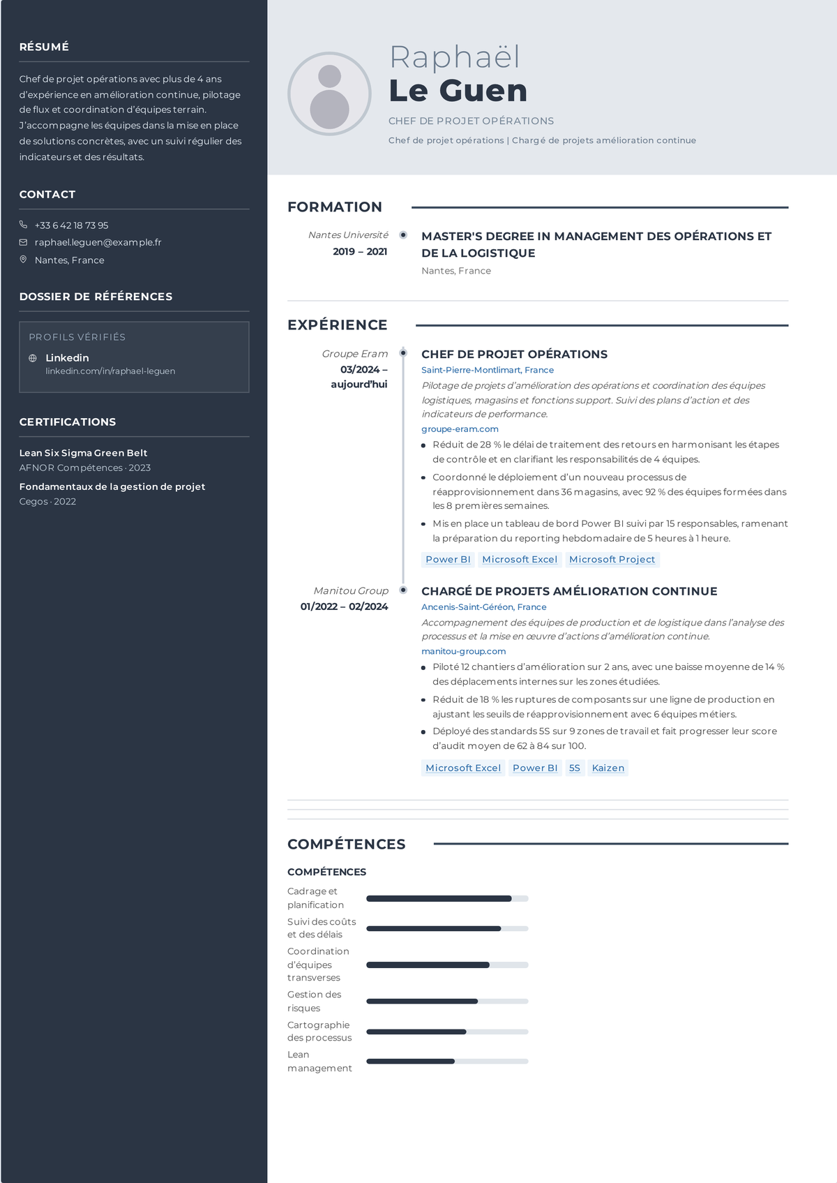 Exemple de CV de chef de projet opérations : le CV d'un chef de projet opérations de mi-carrière montrant la refonte de processus, des initiatives inter-services, Lean ou Six Sigma, et des gains d'efficacité et de coûts.