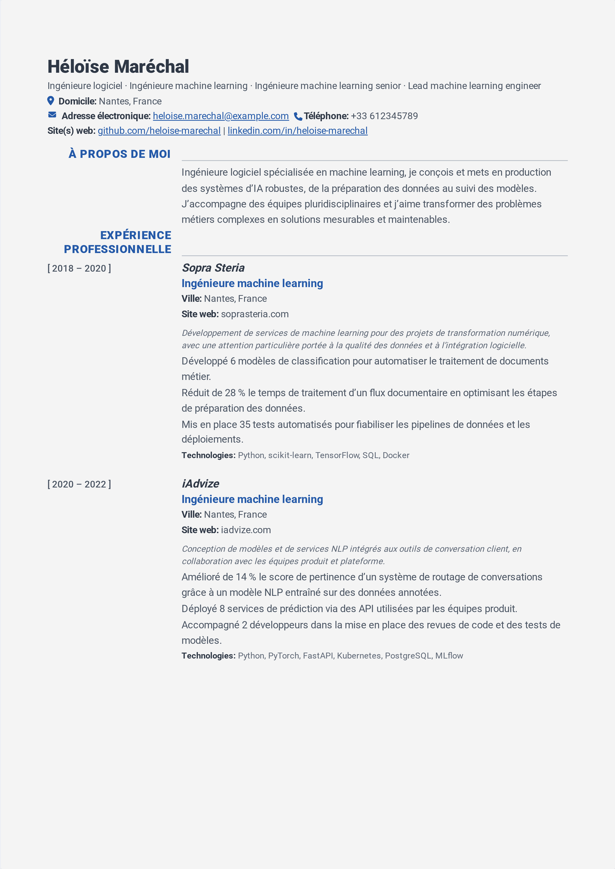 Exemple de CV d'ingénieur machine learning : le CV d'un ingénieur ML/IA senior montrant une stack Python et PyTorch, des modèles mis en production, des pipelines MLOps et un impact métier en aval.