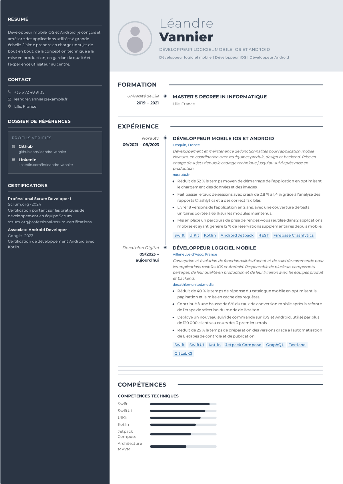 Exemple de CV de développeur mobile : le CV d'un développeur iOS et Android de mi-carrière montrant du travail en Swift et Kotlin, des versions sur l'App Store et le Play Store, des taux de sessions sans plantage et des indicateurs de rétention.