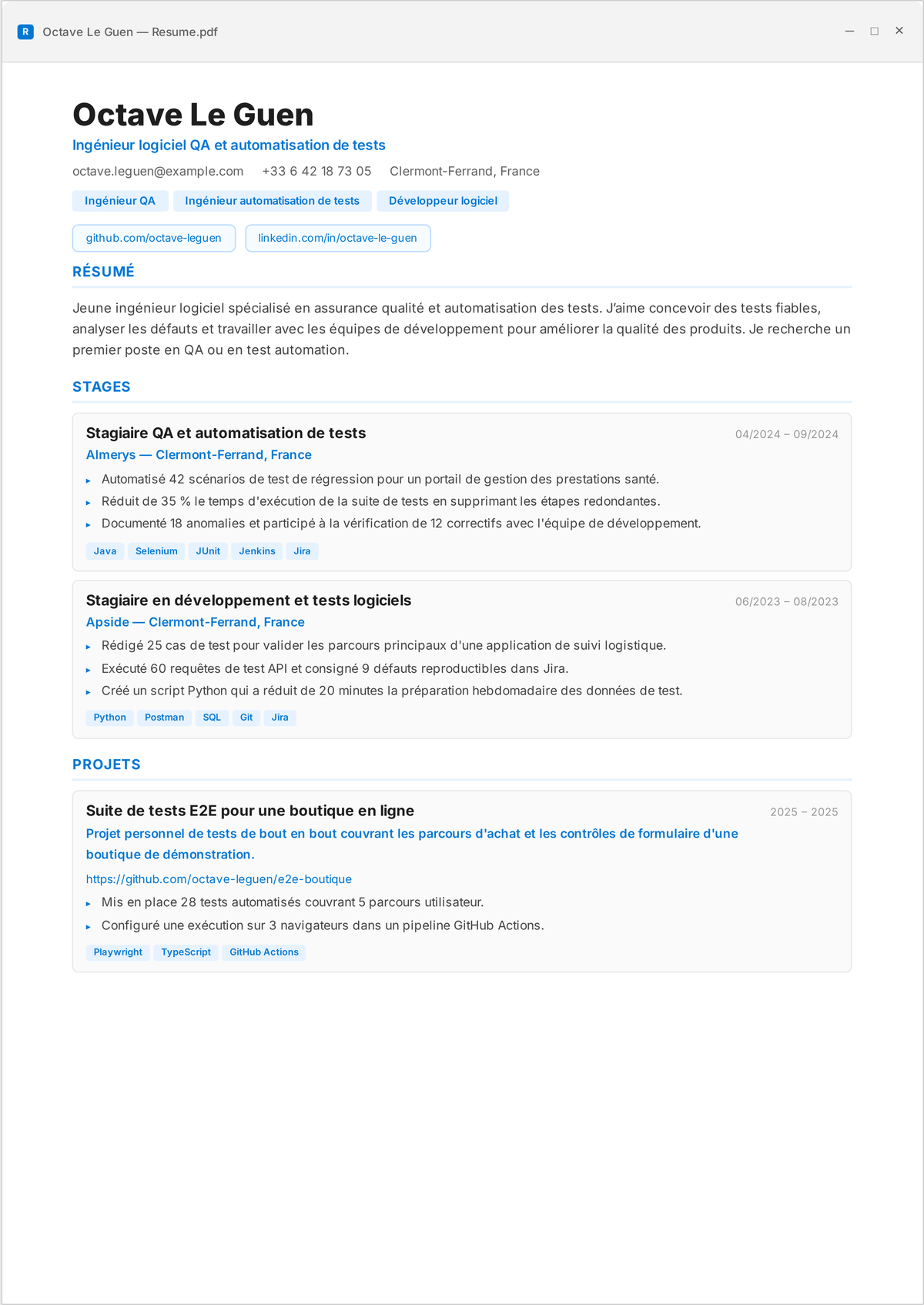 Exemple de CV d'ingénieur QA automatisation des tests : le CV d'un ingénieur QA débutant montrant une stack d'automatisation des tests, des suites intégrées dans la CI, de la couverture ajoutée et des défauts détectés avant la livraison.